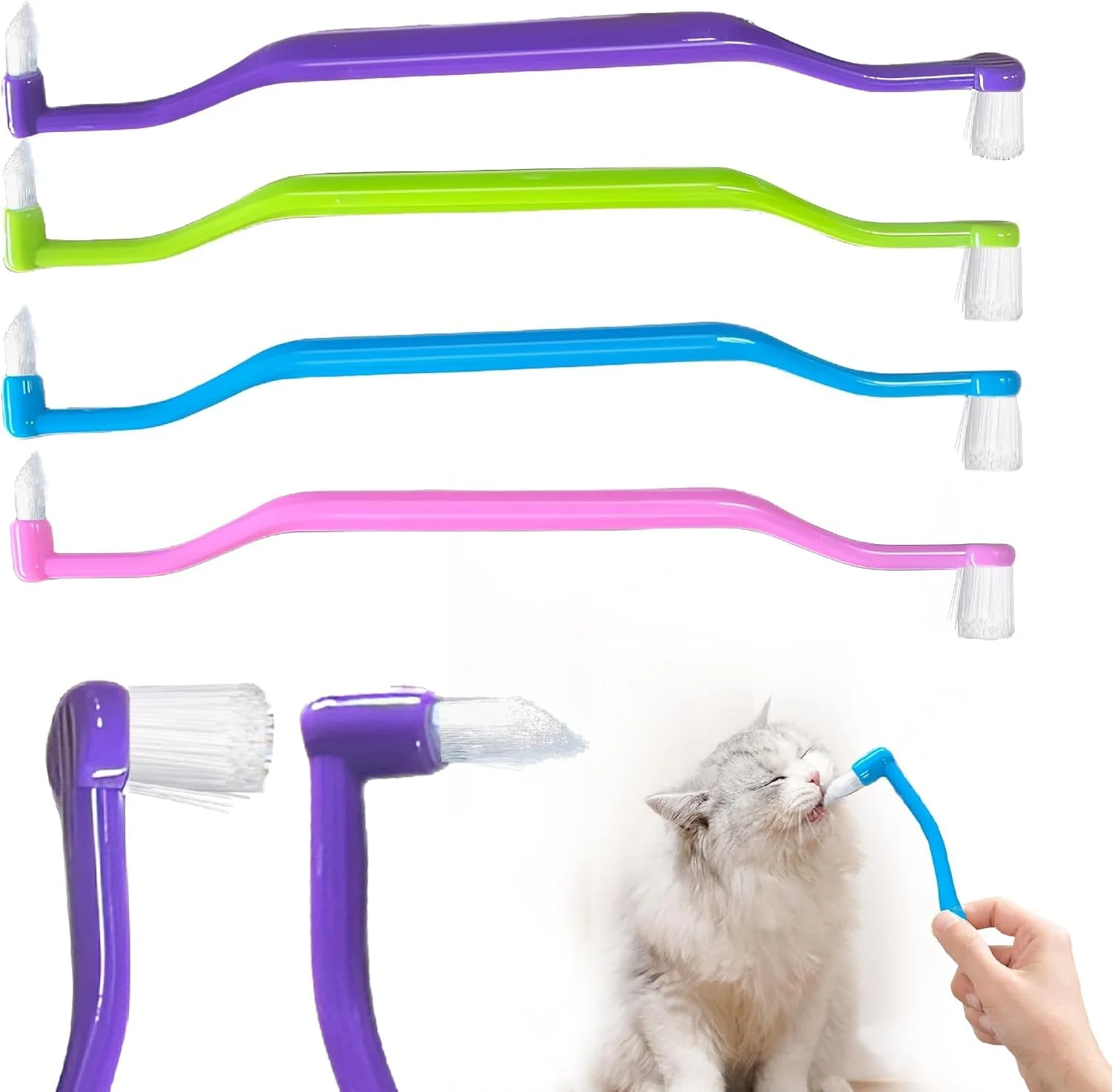 4 عدد مسواک گربه، مسواک دو طرفه برای مراقبت از دندان بچه گربه، مسواک سگ بچه گربه برای کاهش تشکیل پلاک و جرم و بوی بد دهان (4 رنگ، بزرگ) (4 رنگ، یک سایز)