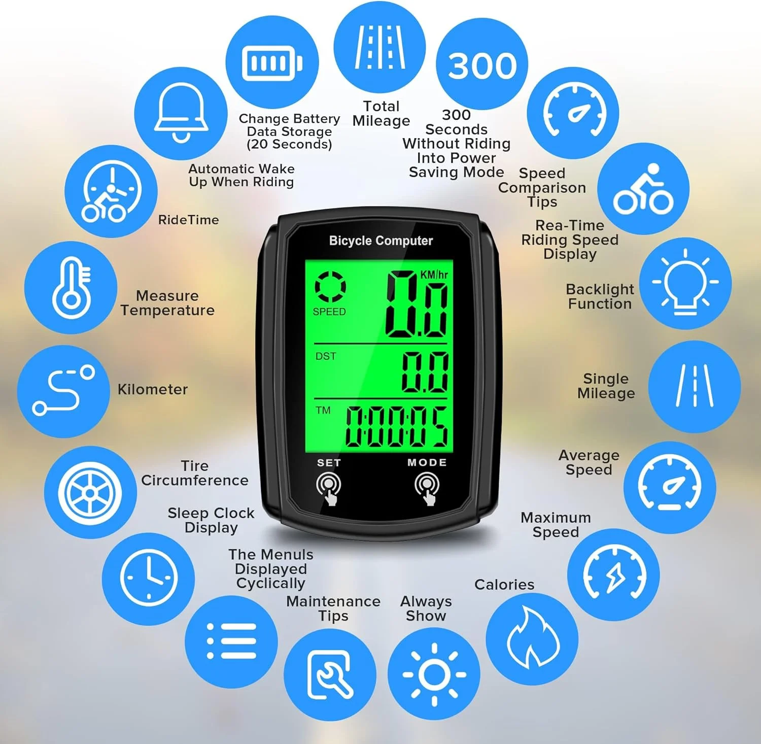 کامپیوتر دوچرخه و کیلومتر شمار دوچرخه خزنا، سیم دار، نمایشگر سرعت با صفحه نمایش LCD، مسافت پیموده شده تکی، عملکردهای چندگانه و آمار کالری