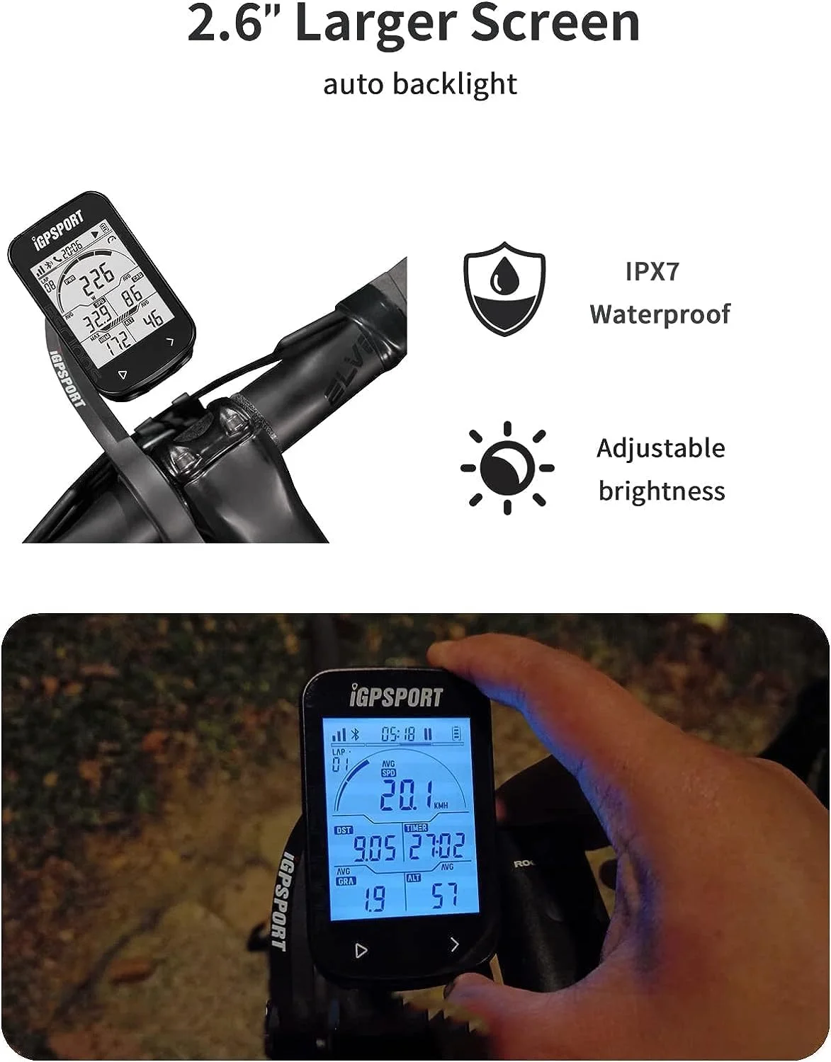 کامپیوتر دوچرخه سواری بی سیم GPS، کیلومتر شمار دوچرخه با صفحه نمایش بزرگ 2.6 اینچی با نور پس زمینه خودکار، کامپیوتر دوچرخه سواری ANT