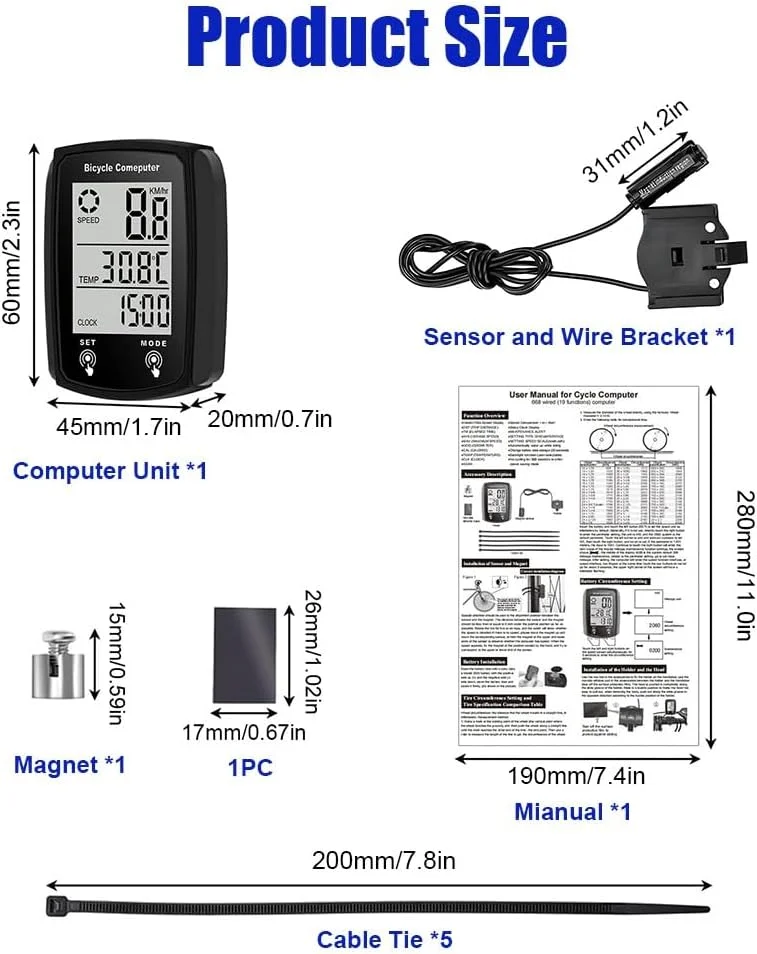 کامپیوتر دوچرخه، 19 عملکرد، ضد آب IP54، کیلومتر شمار دوچرخه، کامپیوتر دوچرخه سواری سیمی با صفحه نمایش LCD با نور پس زمینه، شروع/توقف خودکار کیلومتر شمار دوچرخه برای دوچرخه سواری