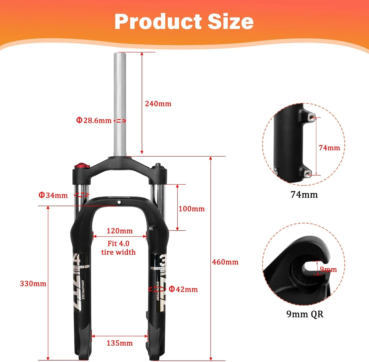 دوشاخ کمک فنر روغنی 20 * 4.0 اینچی ZTZ با فنر روغن - 100 میلی متر کورس، توپی با فاصله 135 میلی متر، QR 9 میلی متری، قفل تاج، دوشاخ جلوی دوچرخه تایر پهن، مناسب برای دوچرخه های کوهستانی برفی و ساحلی XC