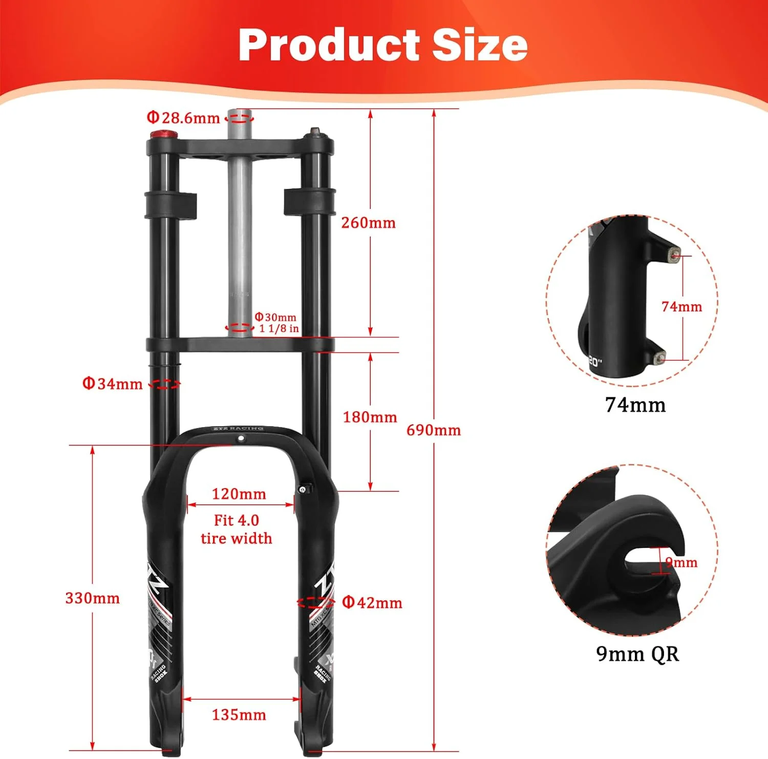 دوشاخ کمک فنر روغنی با فنر ZTZ سایز 20 * 4.0 اینچ - 180 میلی متر کورس، توپی با فاصله 135 میلی متر، QR 9 میلی متری، دوشاخ جلو با دو تاج، مناسب برای دوچرخه های برقی ساحلی برفی دوشاخ کمک فنر روغنی با فنر ZTZ سایز 20 * 4.0 اینچ - 180 میلی متر کورس، توپی با فاصله 135 میلی متر، QR 9 میلی متری، دوشاخ جلو با دو تاج، مناسب برای دوچرخه های برقی ساحلی برفی