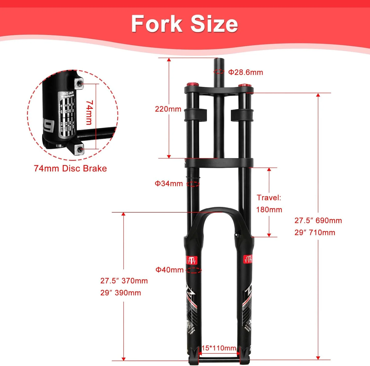 دوشاخ تعلیق بادی دوچرخه کوهستان ZTZ با محور ضامن 27.5/29 اینچ، لوله فرمان 1-1/8 اینچ صاف، محور ضامن 15x110 میلی متر، تنظیم برگشت، 180 میلی متر دامنه حرکتی، دوشاخ دانهیل برای دوچرخه کوهستان AM FR DH و غیره.