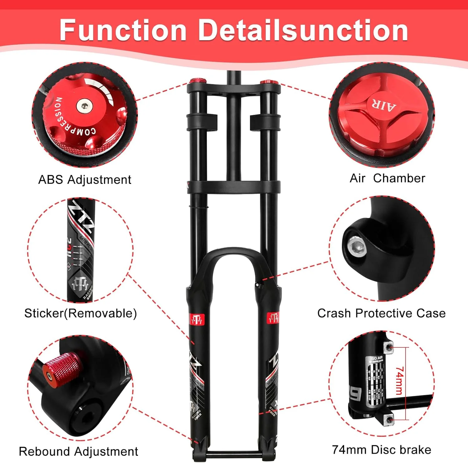 دوشاخ تعلیق بادی دوچرخه کوهستان ZTZ با محور ضامن 27.5/29 اینچ، لوله فرمان 1-1/8 اینچ صاف، محور ضامن 15x110 میلی متر، تنظیم برگشت، 180 میلی متر دامنه حرکتی، دوشاخ دانهیل برای دوچرخه کوهستان AM FR DH و غیره.