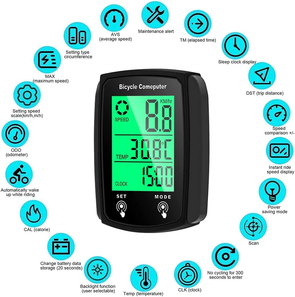 کامپیوتر دوچرخه دیجیتال، سرعت سنج ضد آب دوچرخه با 19 عملکرد، کیلومتر شمار سیمی اتوماتیک LCD، کامپیوتر دوچرخه با نور پس زمینه برای ردیابی سرعت در زمان واقعی