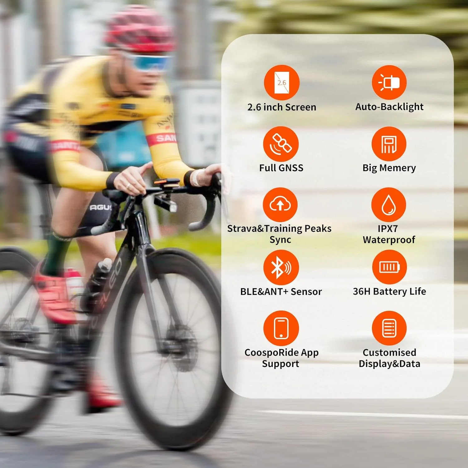 کامپیوتر دوچرخه سواری بی سیم GPS کوسپو، کامپیوتر دوچرخه سواری GPS با بلوتوث +ANT، کامپیوتر دوچرخه چند منظوره GPS با صفحه نمایش LCD 2.4 اینچی، سرعت سنج دوچرخه با نور پس زمینه خودکار IP67