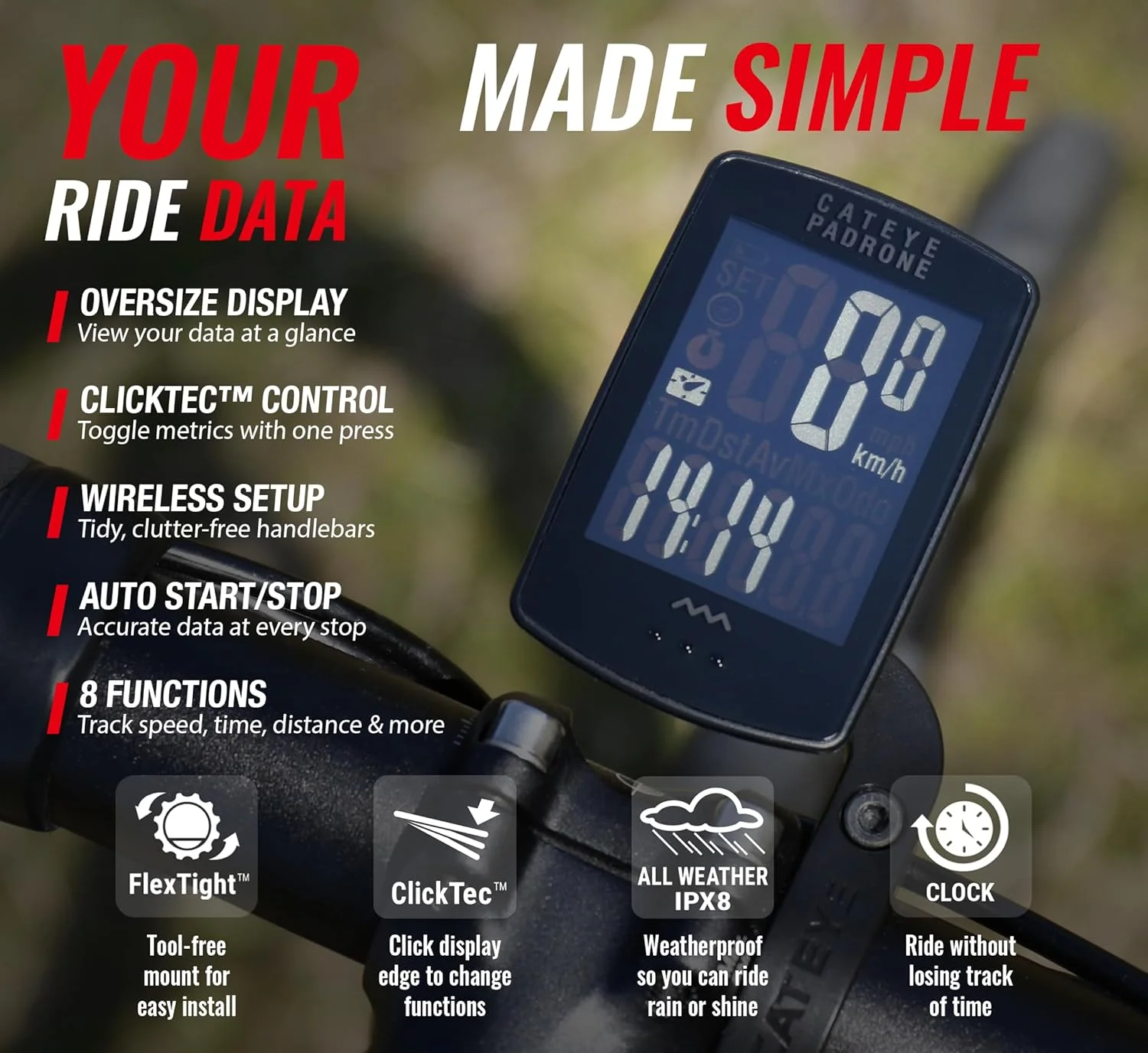 کامپیوتر دوچرخه سواری بی سیم CATEYE Padrone – سایز بزرگ، سرعت سنج و کیلومتر شمار بی سیم، پایه FlexTight™، شروع/توقف خودکار، کیلومتر شمار قابل برنامه ریزی