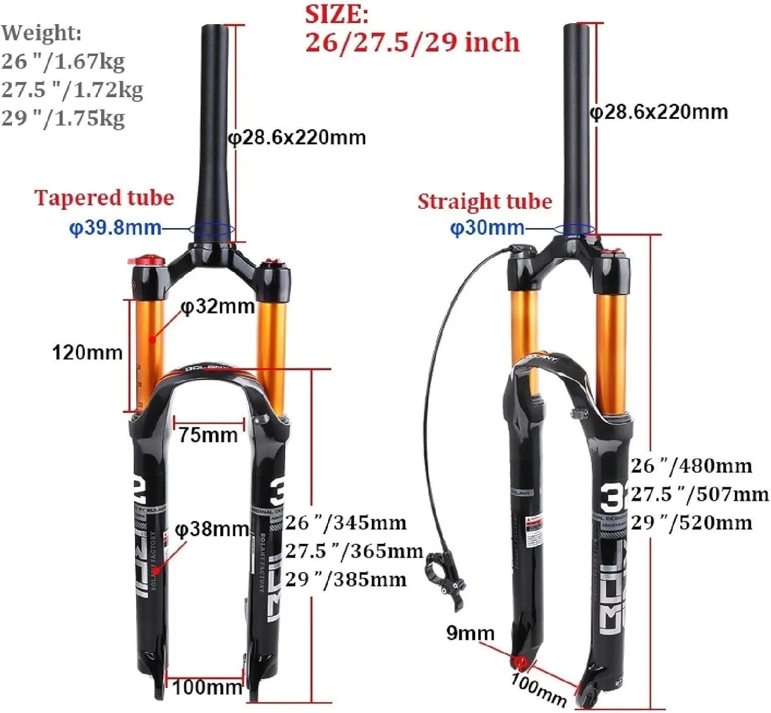 دوشاخ MTB با طول حرکت 120 میلی‌متر، دوشاخ دوچرخه کوهستان 1-1/8 اینچ صاف/مخروطی با تنظیم برگشت، محور 15mm×100mm، قفل دستی شوک‌های بادی، قفل از راه دور A-26 اینچ (قفل از راه دور B، 29 اینچ)