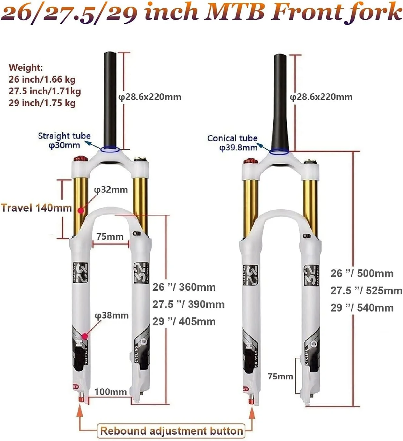 دوشاخ دوچرخه کوهستان MTB با قفل کن، کنترل خطی - 27.5 اینچ (کنترل خطی، 27.5 اینچ)