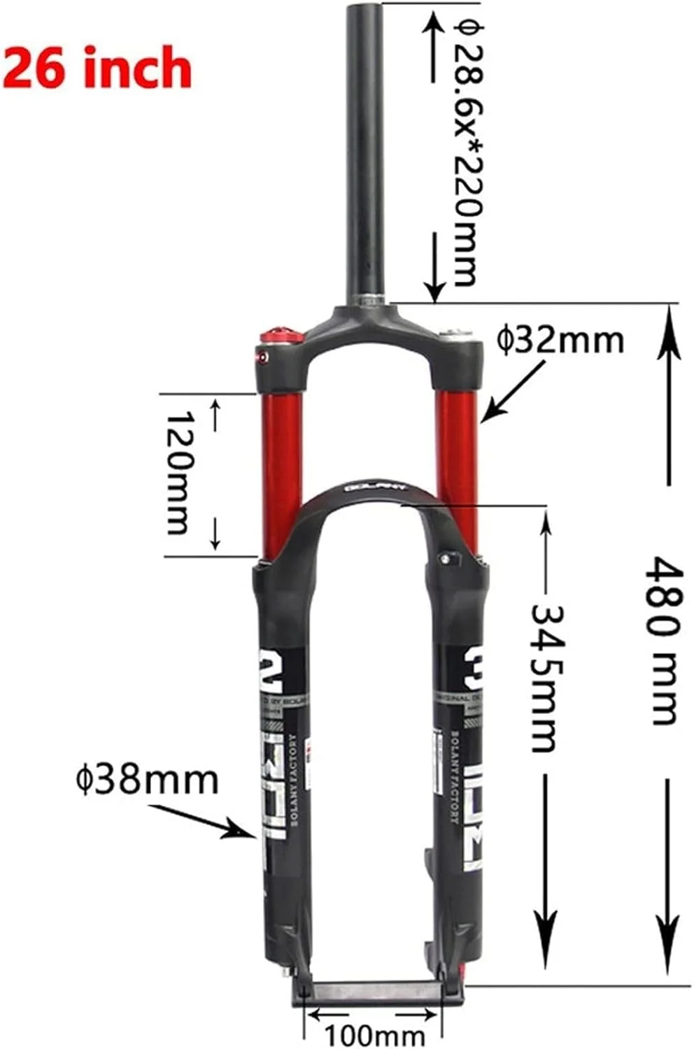دوشاخ دوچرخه کوهستان سایز 26 اینچ با فنربندی و عرض 150 میلی‌متر مناسب برای لاستیک‌های پهن 4.8 اینچی و کمک فنر بادی، مشکی - 26 اینچ (مشکی، 26 اینچ)