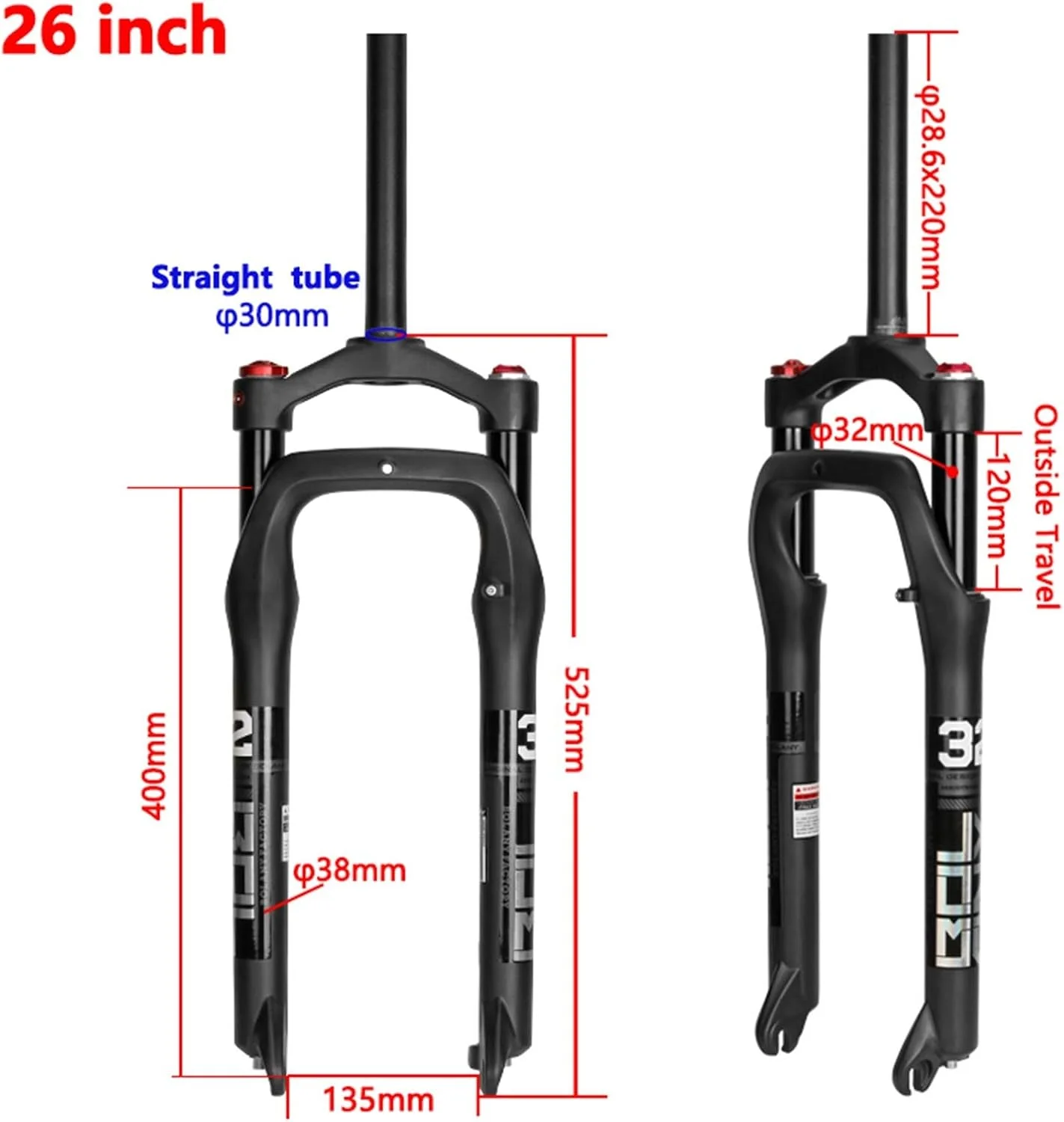 دوشاخ جلوی دوچرخه، قطعات دوچرخه، سیستم تعلیق دوچرخه 26 اینچ آلیاژ آلومینیوم دوشاخ بادی گازی برای لاستیک پهن 4.0 اینچ لوازم جانبی دوچرخه برقی (دسته مستقیم 26 اینچی)