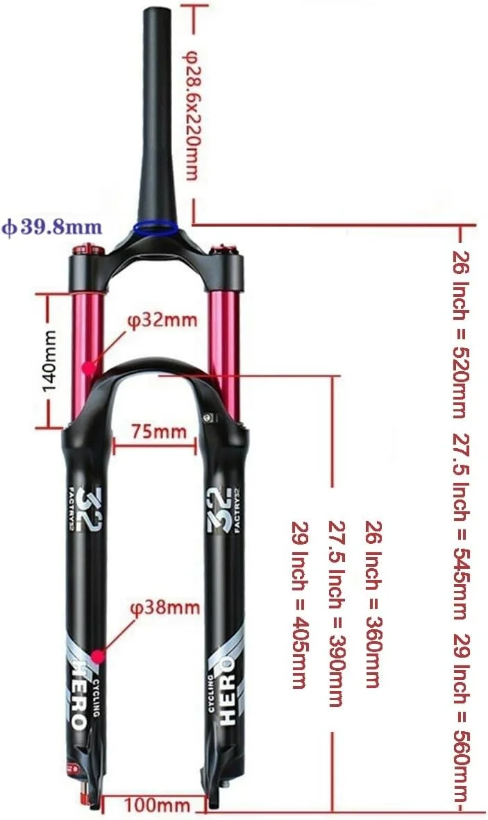 دوشاخ تعلیق بادی دوچرخه مناسب برای دوچرخه کوهستان XC AM سایز 26 27.5 29 اینچ، فوق سبک، 140 میلی متر حرکت، QR 9 میلی متر، لوله فرمان مخروطی 1-1/2 اینچ، تنظیم برگشت