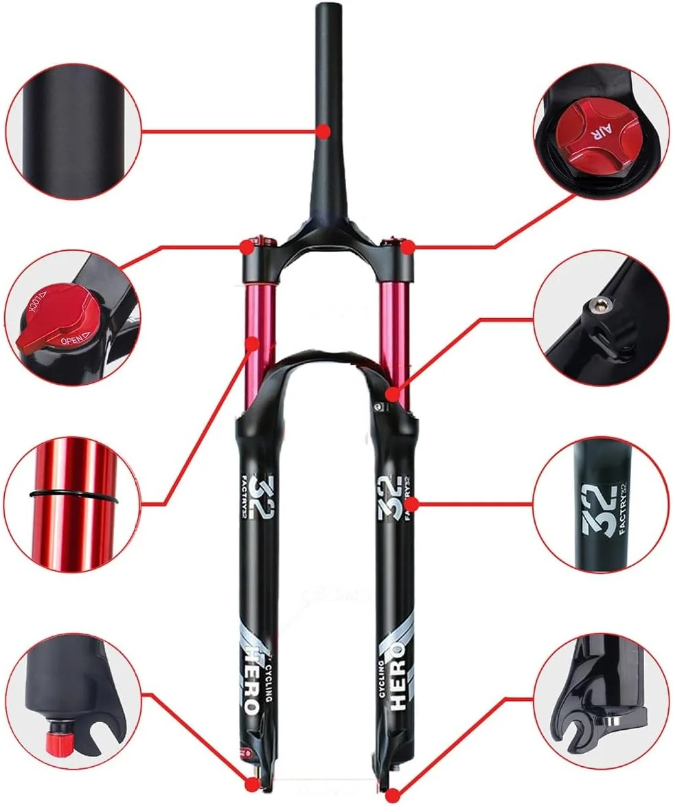 دوشاخ تعلیق بادی دوچرخه مناسب برای دوچرخه کوهستان XC AM سایز 26 27.5 29 اینچ، فوق سبک، 140 میلی متر حرکت، QR 9 میلی متر، لوله فرمان مخروطی 1-1/2 اینچ، تنظیم برگشت