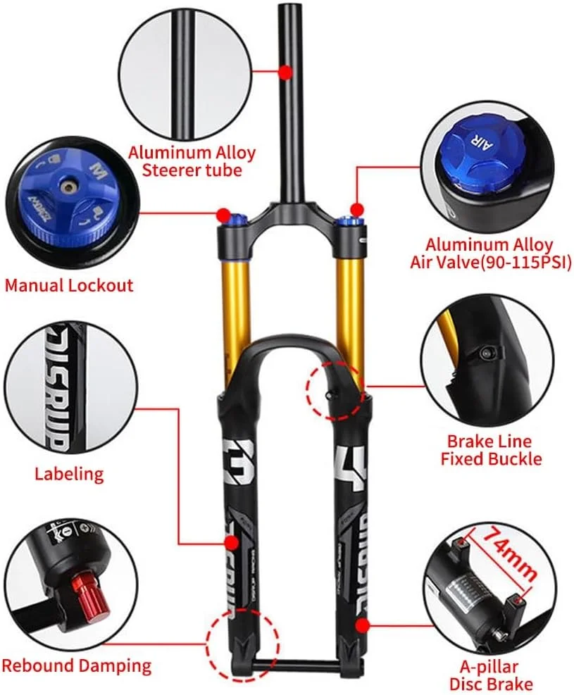 دوشاخ تعلیق دوچرخه سایزهای 26/27.5/29 اینچ مناسب دوچرخه کوهستان، دوشاخ بادی با طول حرکت 160 میلی متر، لوله 1-1/8 اینچ صاف/مخروطی، محور جلو 15 * 110 میلی متر، قفل دستی، ترمز دیسکی با قابلیت تنظیم میرایی (طلایی - مخروطی) دوشاخ تعلیق دوچرخه سایزهای 26/27.5/29 اینچ مناسب دوچرخه کوهستان، دوشاخ بادی با طول حرکت 160 میلی متر، لوله 1-1/8 اینچ صاف/مخروطی، محور جلو 15 * 110 میلی متر، قفل دستی، ترمز دیسکی با قابلیت تنظیم میرایی (طلایی - مخروطی)