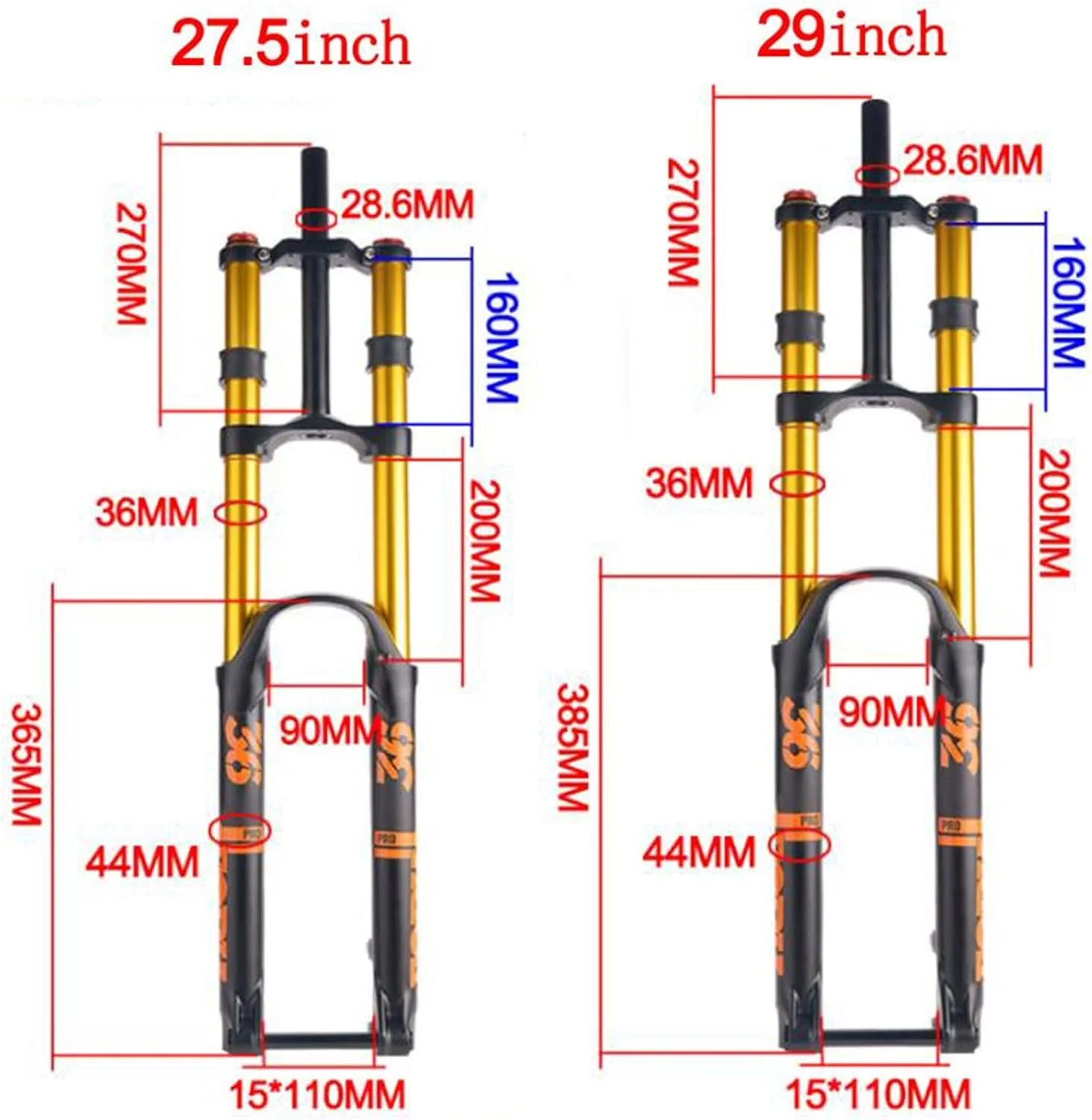 دوشاخ بادی کمک فنر جلو با 200 میلی متر کورس، دوشاخ کمک فنر دو شانه‌ای دوچرخه کوهستان 27.5/29 اینچ با محور 15 * 110 میلی متر