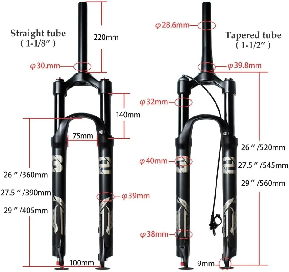 دوشاخ تعلیق دوچرخه سایز 26 اینچ، 27.5/29 اینچ، آلیاژ آلومینیوم 1-1/8 اینچ لوله مستقیم، دوشاخ جلو هوا QR با دامنه حرکت 140 میلی متر دوشاخ تعلیق دوچرخه سایز 26 اینچ، 27.5/29 اینچ، آلیاژ آلومینیوم 1-1/8 اینچ لوله مستقیم، دوشاخ جلو هوا QR با دامنه حرکت 140 میلی متر