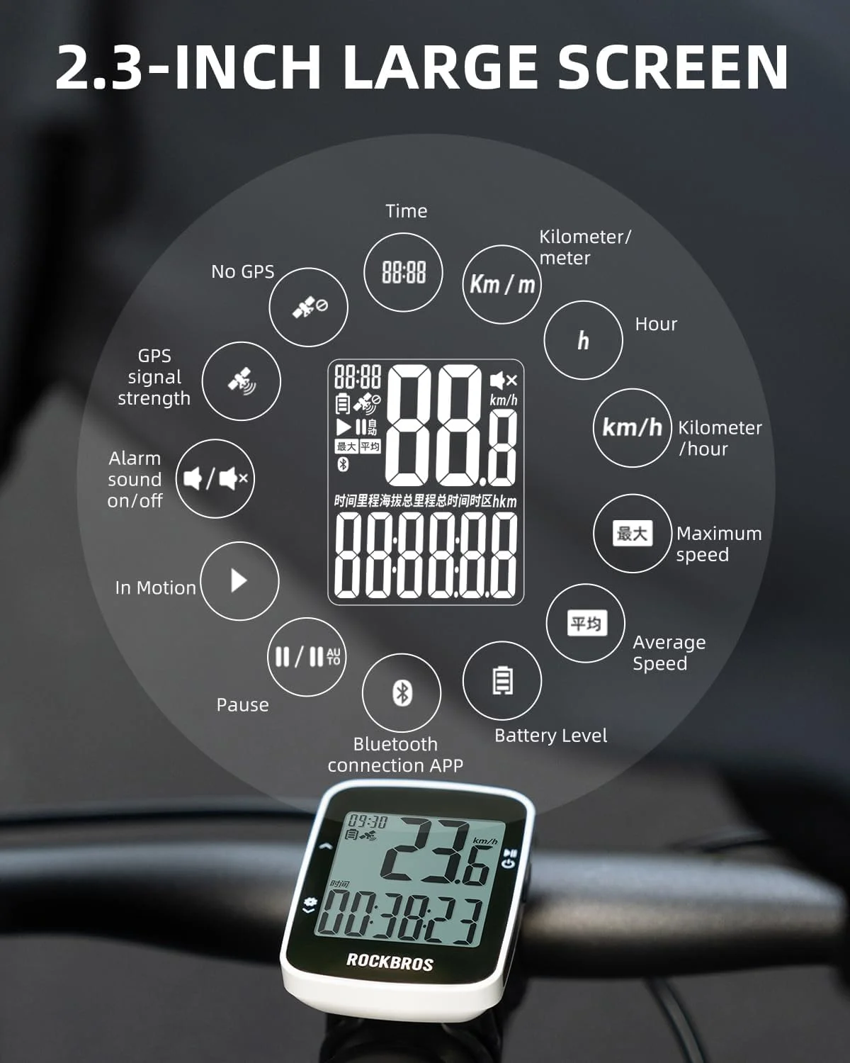 کامپیوتر دوچرخه ROCKBROS، کیلومتر شمار دوچرخه GPS بی سیم با بلوتوث، ضد آب IPX7، باتری 600 میلی آمپر و صفحه نمایش بزرگ 2.3 اینچی کامپیوتر دوچرخه ROCKBROS، کیلومتر شمار دوچرخه GPS بی سیم با بلوتوث، ضد آب IPX7، باتری 600 میلی آمپر و صفحه نمایش بزرگ 2.3 اینچی