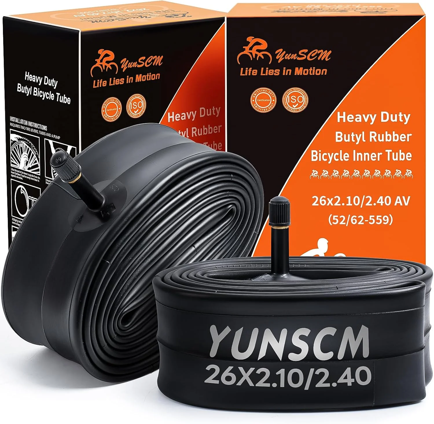 تیوب دوچرخه یون‌اس‌سی‌ام بسته 2 عددی، سایز 26 اینچ، مناسب برای لاستیک‌های 26x2.125/2.25/2.35/2.40، دریچه AV32mm Schrader، سازگار با لاستیک‌های 26x2.125 26x2.25 26x2.3 26x2.35 26x2.40