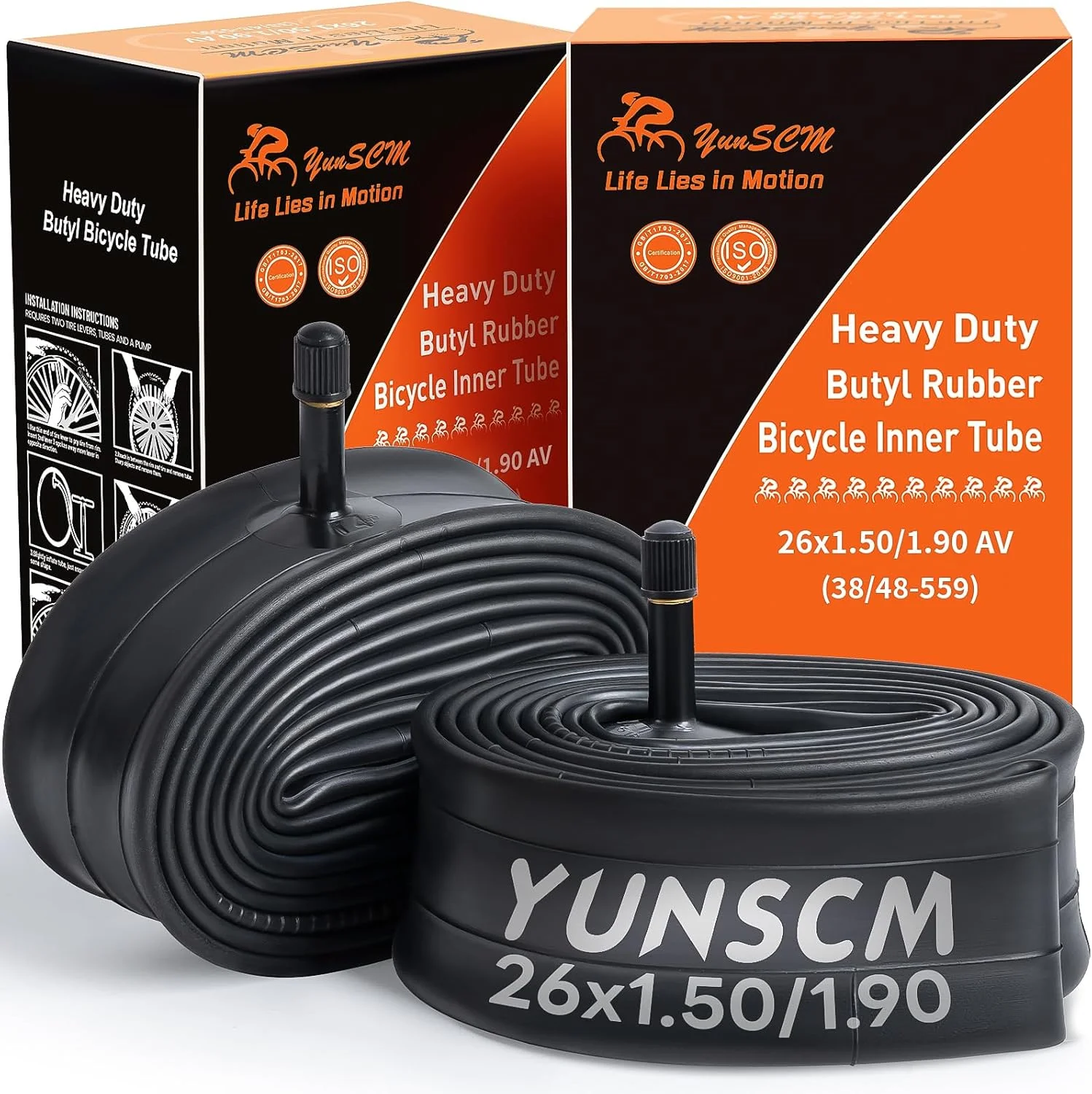 تیوب دوچرخه YUNSCM، سایز 26 اینچ، مقاوم، بسته 2 عددی، مناسب برای لاستیک های 26x1.50/1.90، والف شرادر AV32MM، سازگار با لاستیک های دوچرخه 26x1.50، 26x1.75، 26x1.90