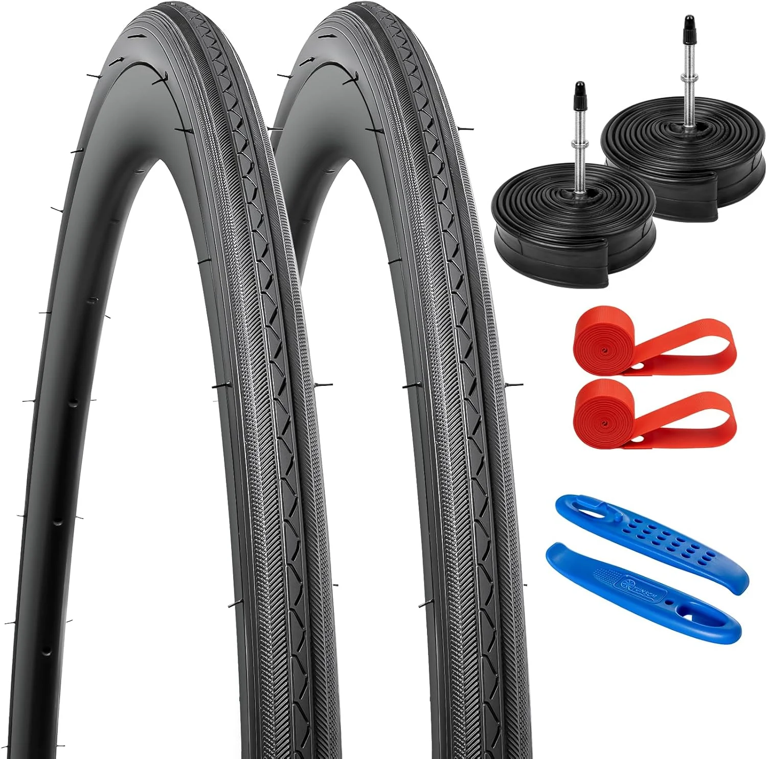 لاستیک دوچرخه YUNSCM مدل 700C، بسته 2 عددی، سایز 700x25C/25-622 به همراه تیوپ دوچرخه 700C با والف پرستا، سازگار با دوچرخه های کورسی 700x25C و 700x26C (Y-907)