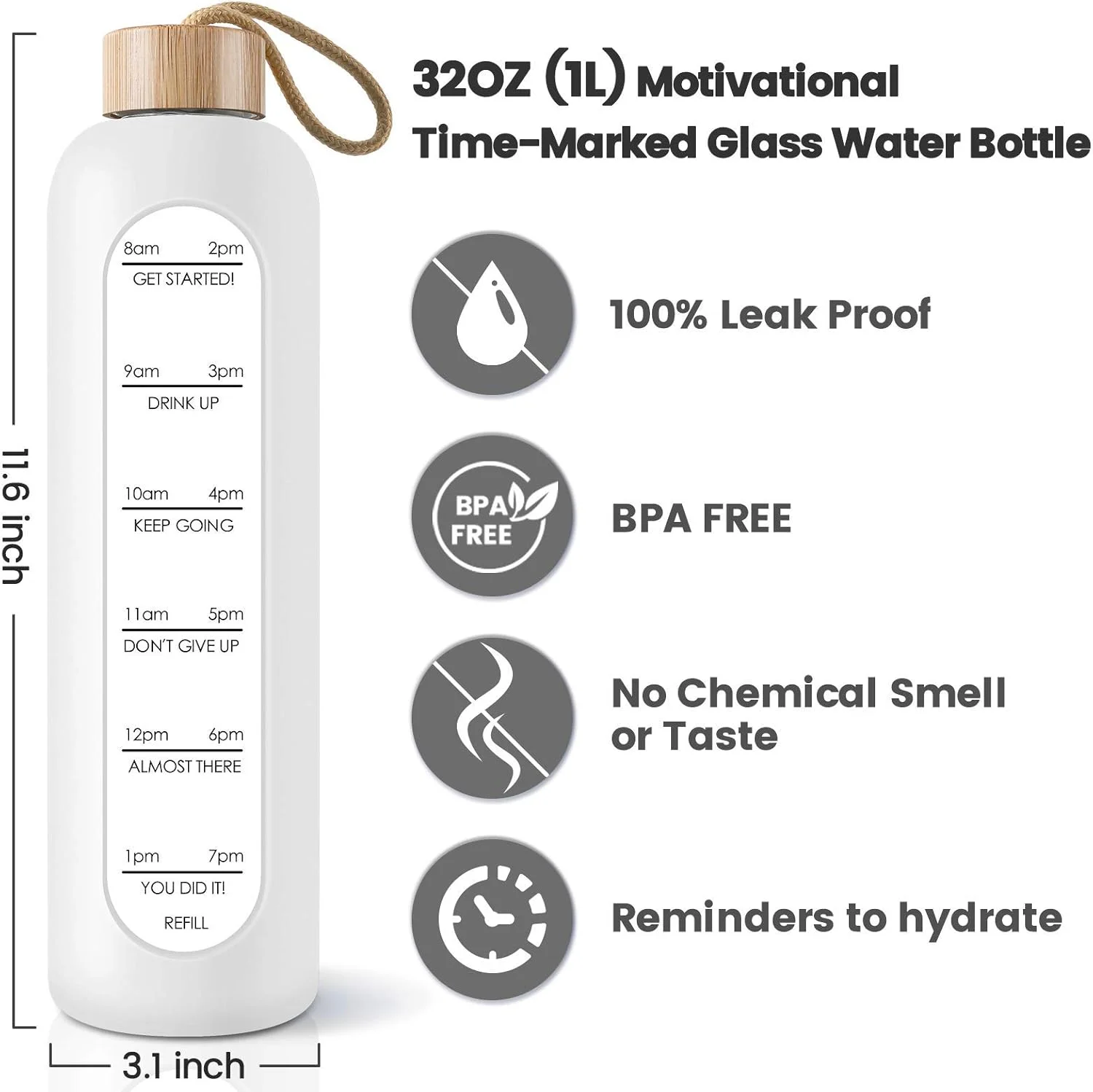 بطری آب شیشه ای بوروسیلیکات PROBTTL با نشانگر زمان و جملات انگیزشی، 1 لیتری، ضد نشت، قابل استفاده مجدد، بدون BPA، با روکش سیلیکونی و درب بامبو (سفید) بطری آب شیشه ای بوروسیلیکات PROBTTL با نشانگر زمان و جملات انگیزشی، 1 لیتری، ضد نشت، قابل استفاده مجدد، بدون BPA، با روکش سیلیکونی و درب بامبو (سفید)