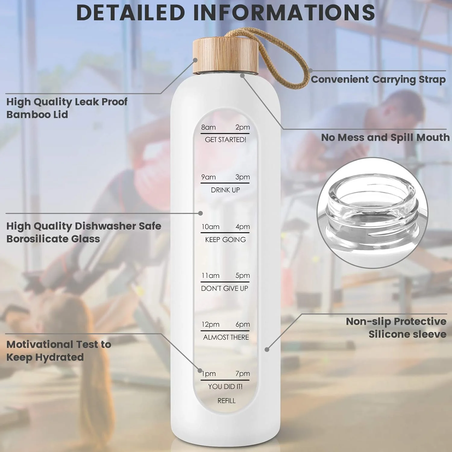 بطری آب شیشه ای بوروسیلیکات PROBTTL با نشانگر زمان و جملات انگیزشی، 1 لیتری، ضد نشت، قابل استفاده مجدد، بدون BPA، با روکش سیلیکونی و درب بامبو (سفید) بطری آب شیشه ای بوروسیلیکات PROBTTL با نشانگر زمان و جملات انگیزشی، 1 لیتری، ضد نشت، قابل استفاده مجدد، بدون BPA، با روکش سیلیکونی و درب بامبو (سفید)