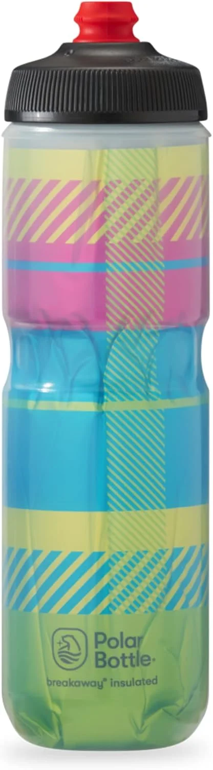 بطری آب عایق بندی شده Polar Bottle Breakaway - بدون BPA، بطری فشاری برای دوچرخه سواری و ورزش (تارتان - سبز هایلایتر/آبی، 24 اونس)