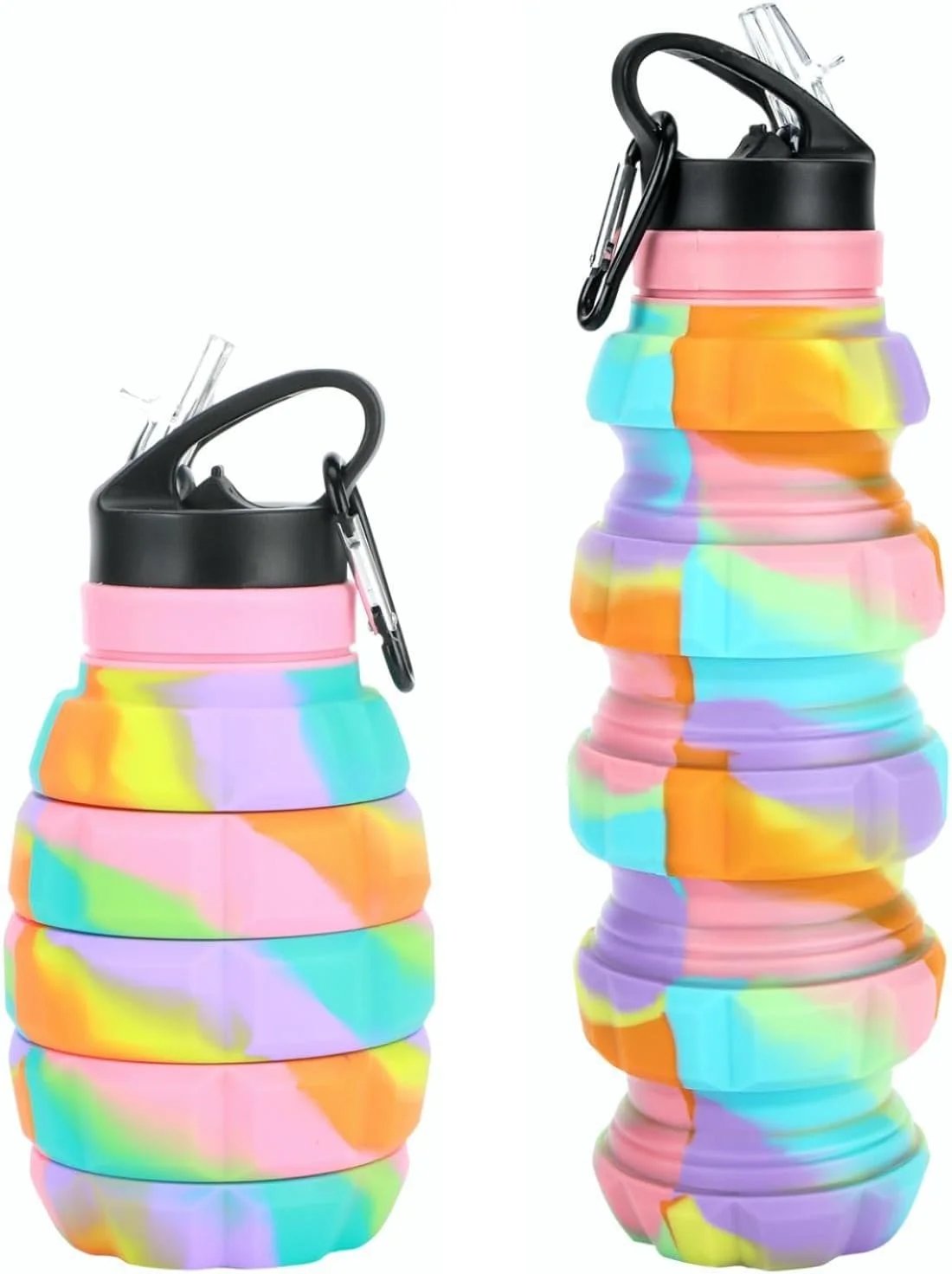 بطری آب سیلیکونی تاشو رنگین کمانی بدون BPA برای کودکان، دانش آموزان و بزرگسالان، 580 میلی لیتر. بطری های آب ورزشی تاشو قابل استفاده مجدد برای مسافرت، کمپینگ، پیاده روی، مدرسه، اسباب بازی های فضای باز، هدیه برای کودکان