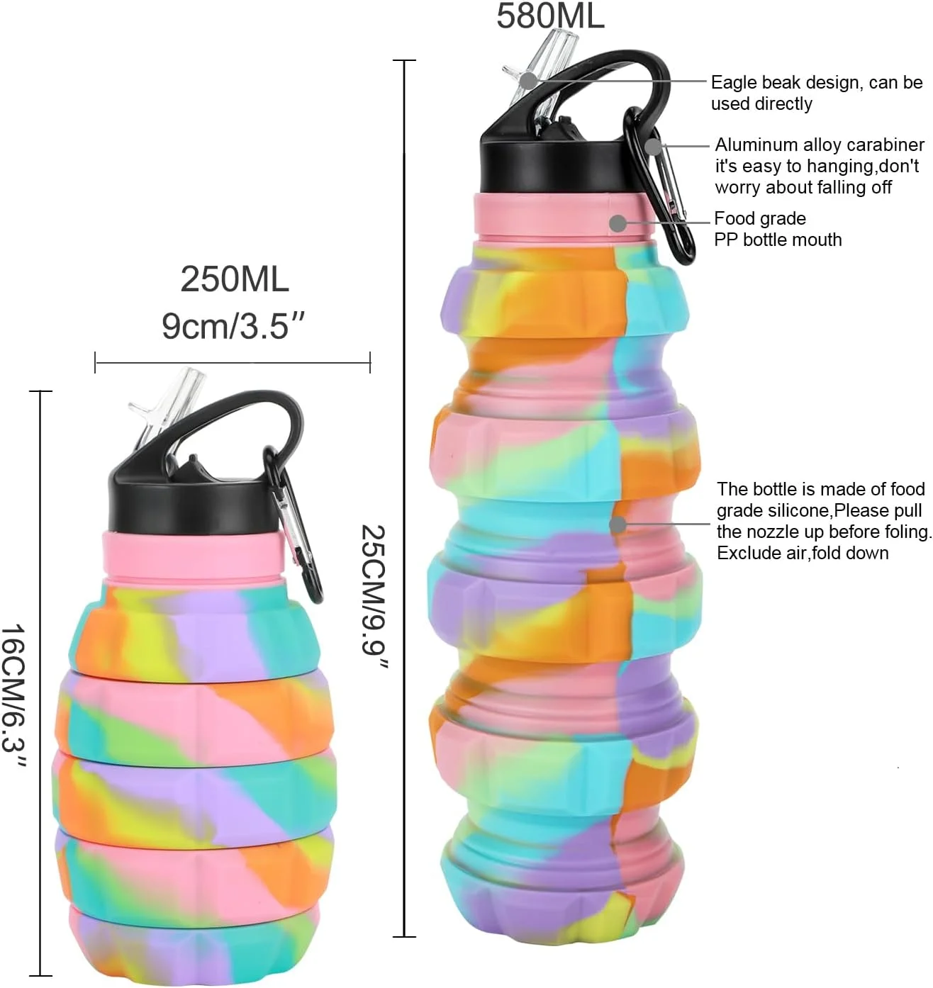 بطری آب سیلیکونی تاشو رنگین کمانی بدون BPA برای کودکان، دانش آموزان و بزرگسالان، 580 میلی لیتر. بطری های آب ورزشی تاشو قابل استفاده مجدد برای مسافرت، کمپینگ، پیاده روی، مدرسه، اسباب بازی های فضای باز، هدیه برای کودکان
