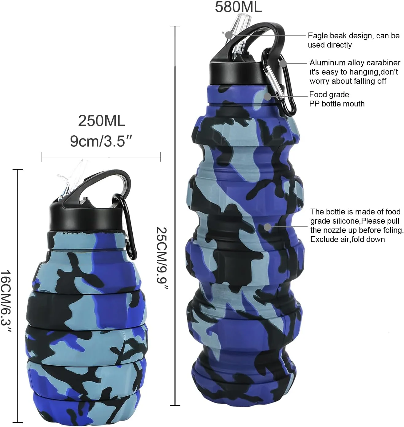 بطری آب سیلیکونی تاشو بدون BPA برای کودکان، دانش‌آموزان و بزرگسالان، 580 میلی‌لیتر. بطری آب ورزشی تاشو قابل استفاده مجدد برای مسافرت، کمپینگ، پیاده‌روی، مدرسه، اسباب‌بازی‌های فضای باز، هدیه برای کودکان