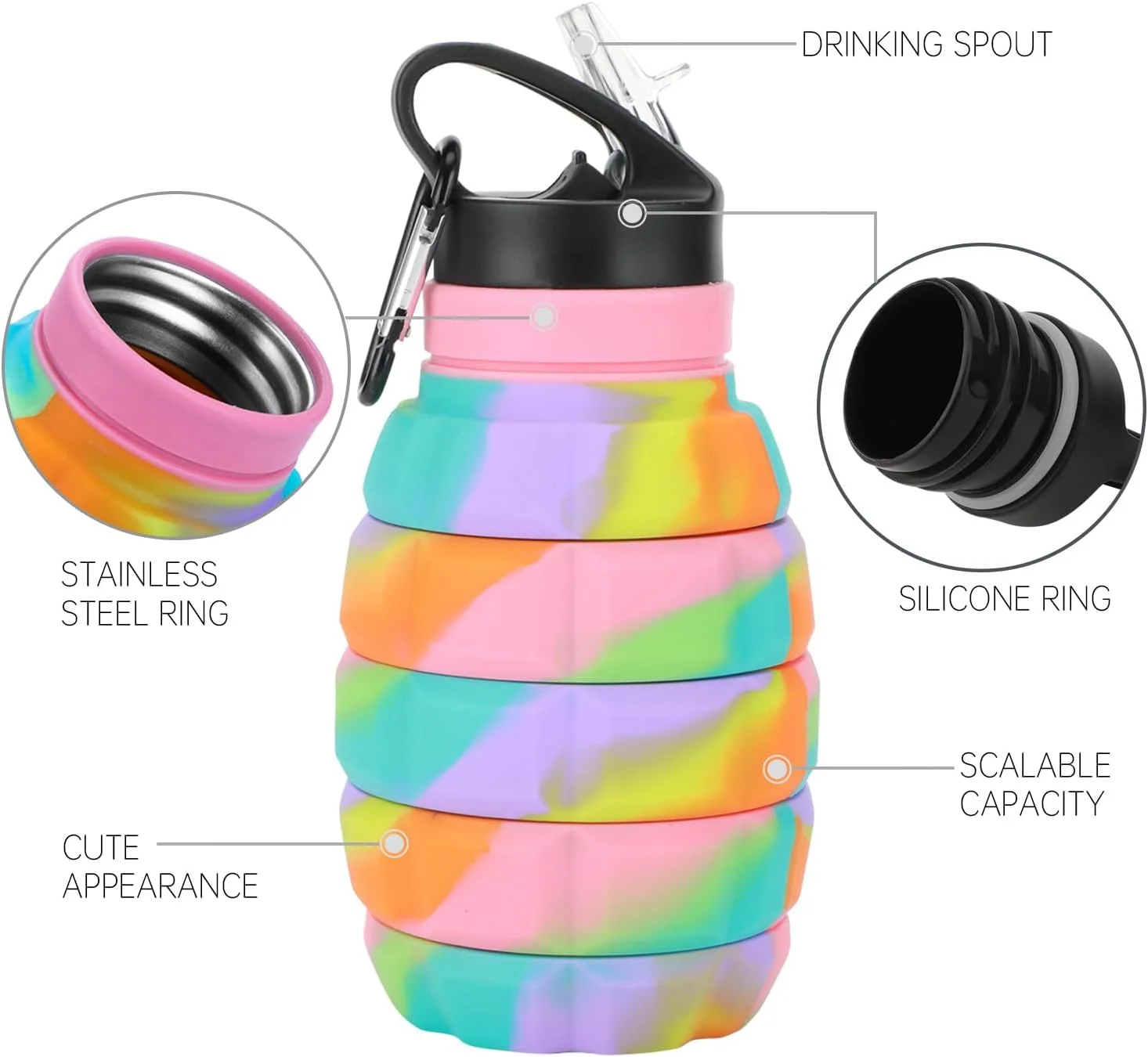 بطری آب سیلیکونی تاشو رنگین کمانی بدون BPA برای کودکان، دانش آموزان و بزرگسالان، 580 میلی لیتر. بطری های آب ورزشی تاشو قابل استفاده مجدد برای مسافرت، کمپینگ، پیاده روی، مدرسه، اسباب بازی های فضای باز، هدیه برای کودکان