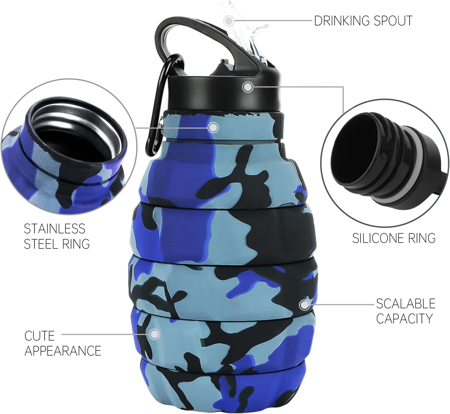 بطری آب سیلیکونی تاشو بدون BPA برای کودکان، دانش‌آموزان و بزرگسالان، 580 میلی‌لیتر. بطری آب ورزشی تاشو قابل استفاده مجدد برای مسافرت، کمپینگ، پیاده‌روی، مدرسه، اسباب‌بازی‌های فضای باز، هدیه برای کودکان