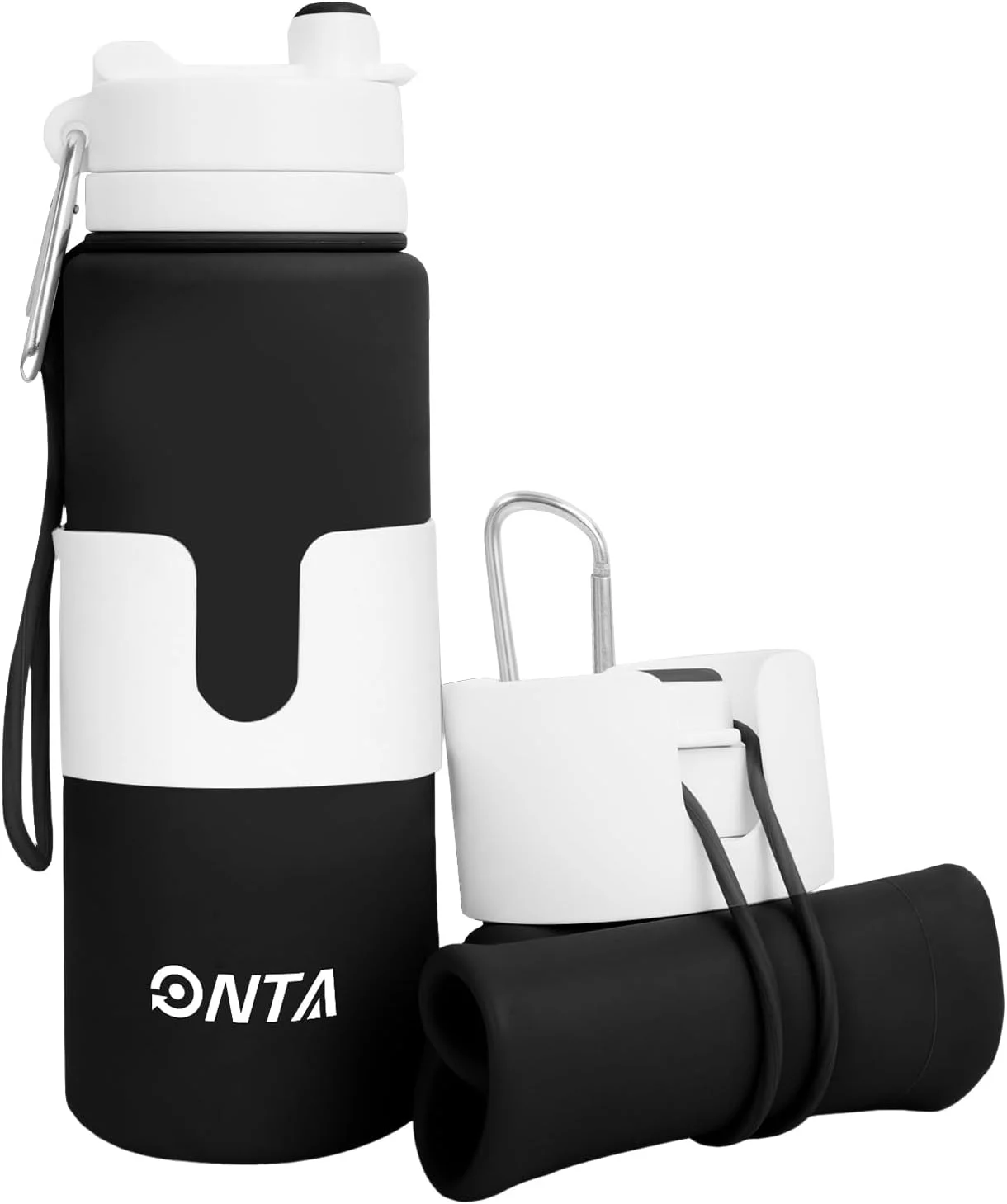 بطری آب تاشو ONTA - بطری نوشیدنی سیلیکونی قابل حمل و ضد نشت 750 میلی لیتری بدون BPA - بطری ورزشی تاشو برای مسافرت و باشگاه - آستین فنجان قابل جابجایی (مشکی)