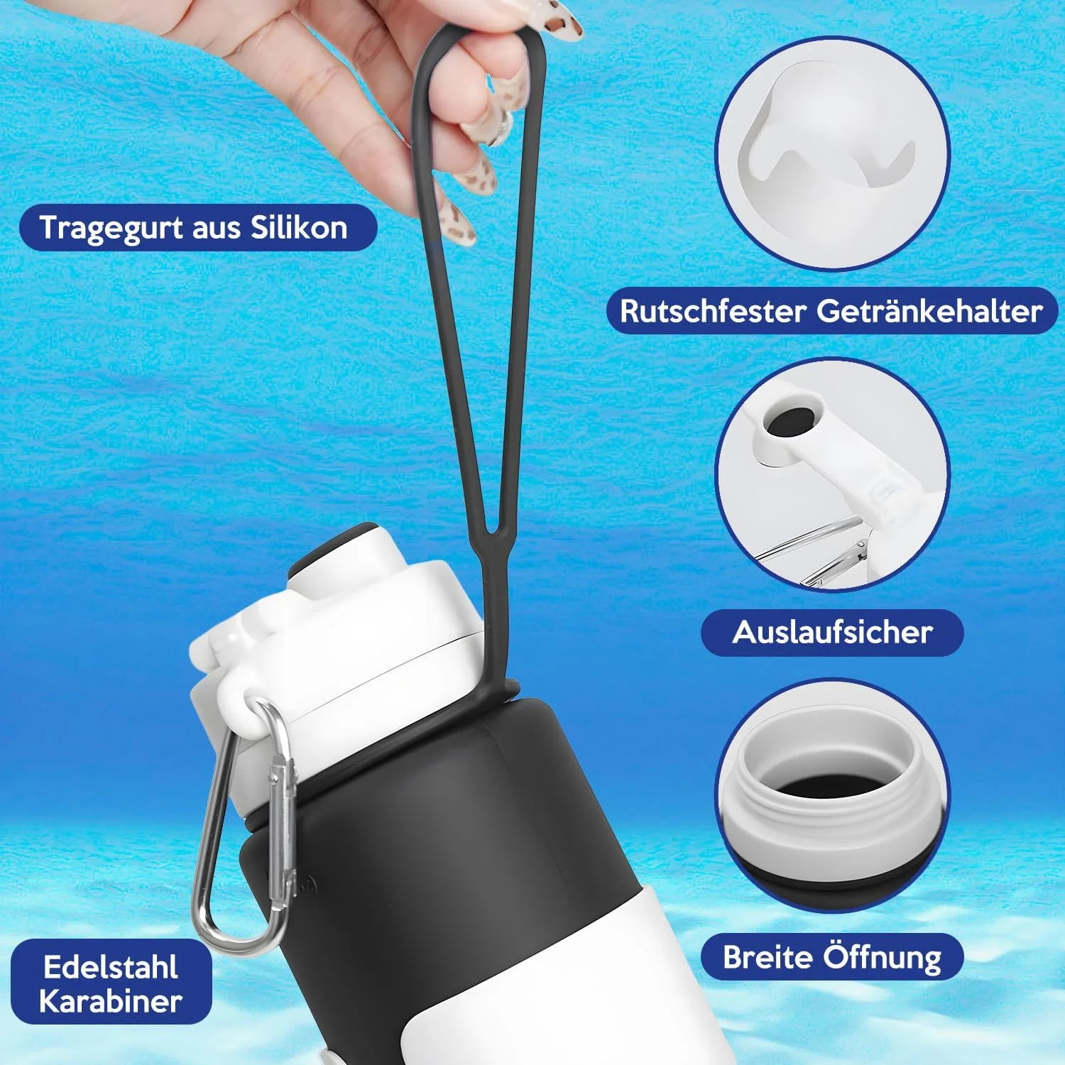 بطری آب تاشو ONTA - بطری نوشیدنی سیلیکونی قابل حمل و ضد نشت 750 میلی لیتری بدون BPA - بطری ورزشی تاشو برای مسافرت و باشگاه - آستین فنجان قابل جابجایی (مشکی)