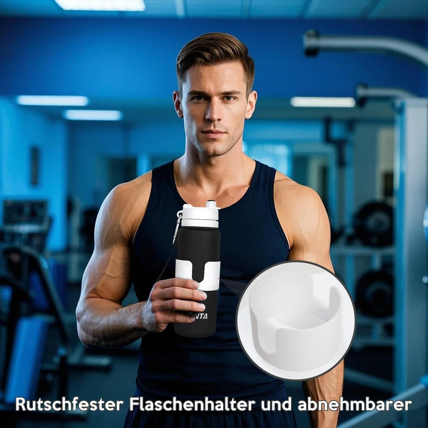 بطری آب تاشو ONTA - بطری نوشیدنی سیلیکونی قابل حمل و ضد نشت 750 میلی لیتری بدون BPA - بطری ورزشی تاشو برای مسافرت و باشگاه - آستین فنجان قابل جابجایی (مشکی)