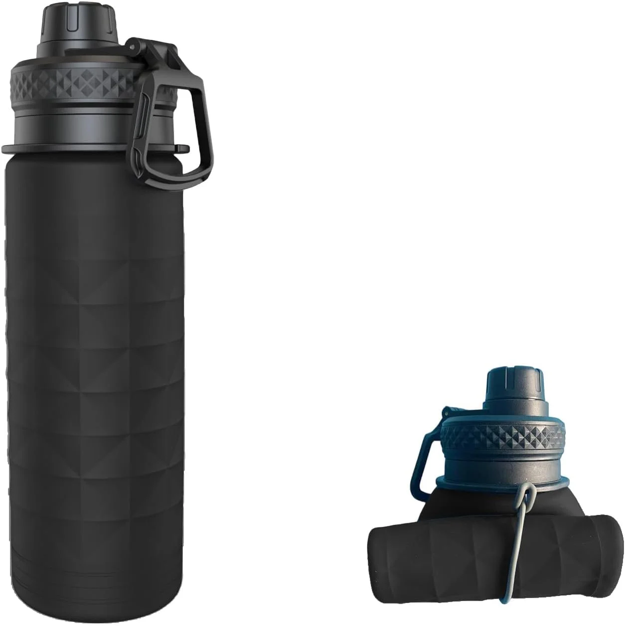 بطری آب تاشو، بدون BPA، 700 میلی لیتر، بطری آب سیلیکونی تاشو، بطری آب ورزشی قابل حمل برای مسافرت، کمپینگ، پیاده روی، دوچرخه سواری، یوگا و ماجراجویی در فضای باز (مشکی)