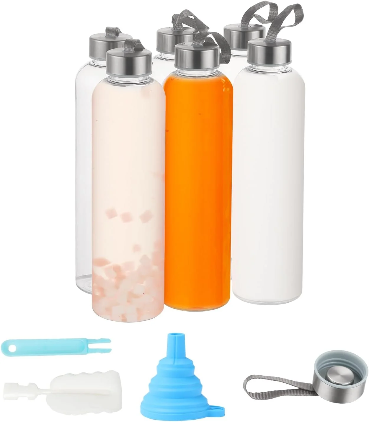 بطری آب شفاف 8 عددی با درب استیل ضد زنگ، 800 میلی لیتر، قابل استفاده مجدد، مناسب سفر و نگهداری نوشیدنی ها، آبمیوه و اسموتی (8 عدد)