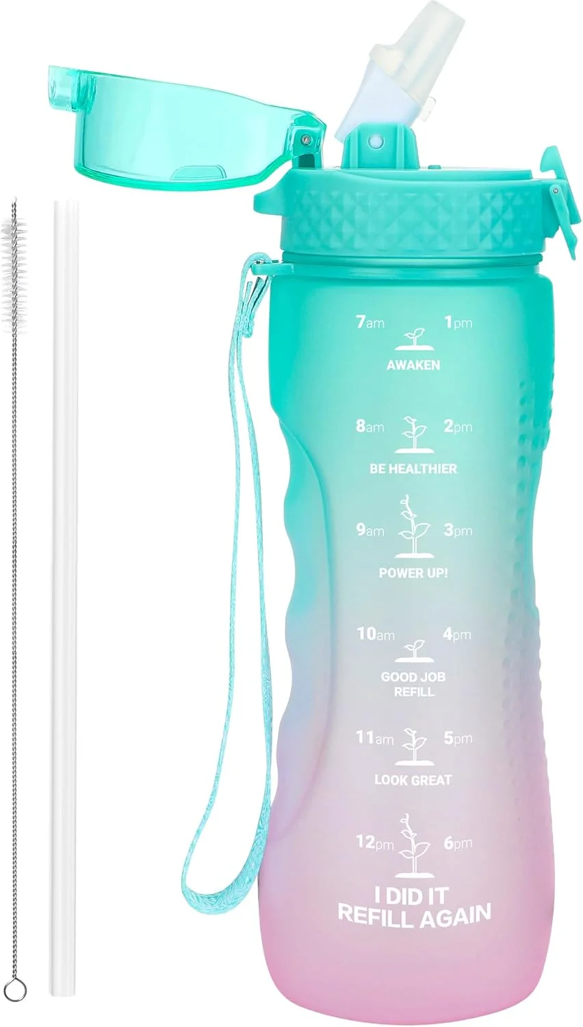 بطری آب اولدلی 750 میلی لیتری با نی، بدون BPA، از جنس تریتان، مناسب باشگاه، مدرسه، ورزش، مسافرت، ضد نشت، دارای نشانگر زمان، مناسب نوشیدن و تامین آب بدن برای کودکان، بزرگسالان، خانم ها و آقایان