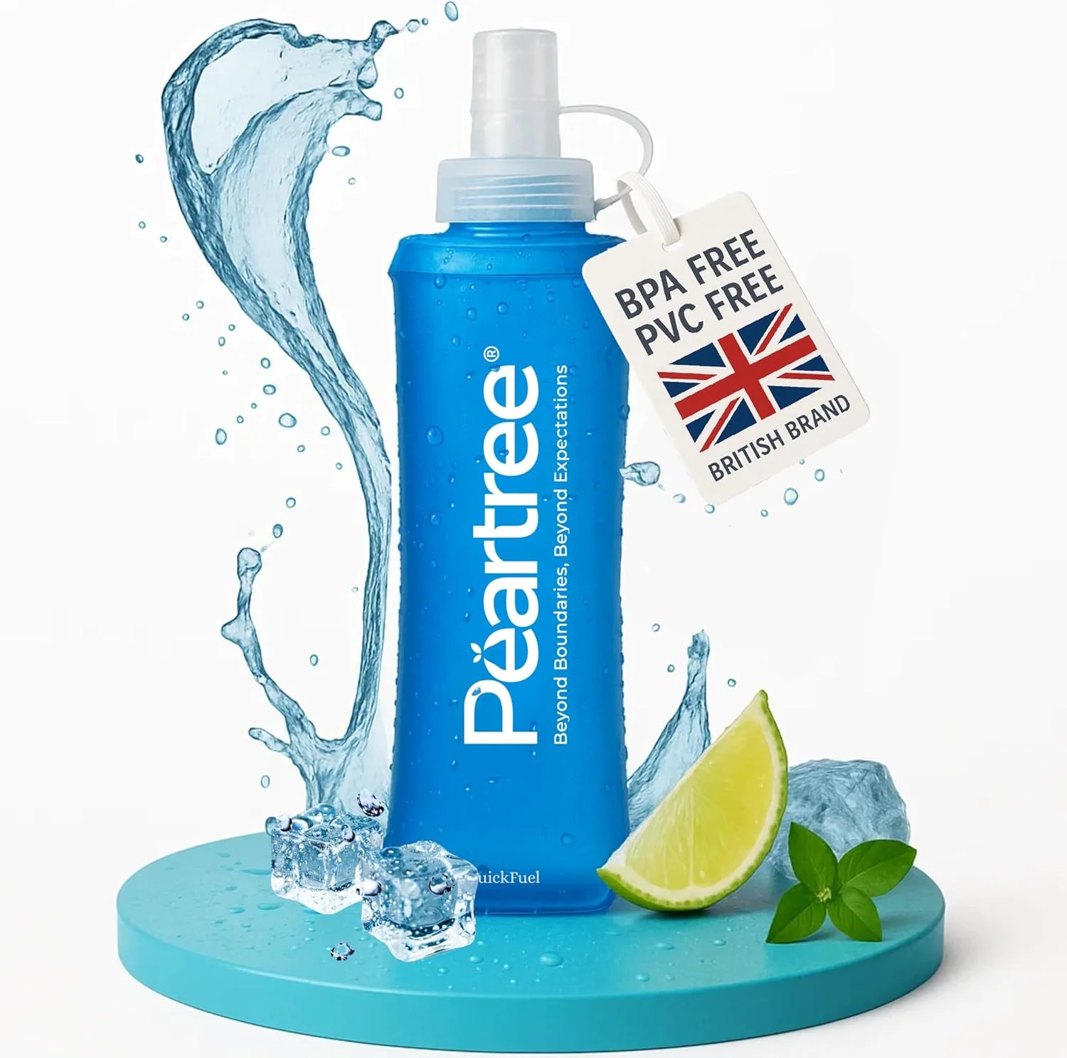 قمقمه نرم QuickFuel PEARTREE - بطری آب تاشو 250 میلی لیتری - بطری آب تاشو برای مسافرت، پیاده روی، دوچرخه سواری، ماراتن، دویدن - بطری آب بدون BPA و ضد نشت - بسته هیدراتاسیون قابل حمل