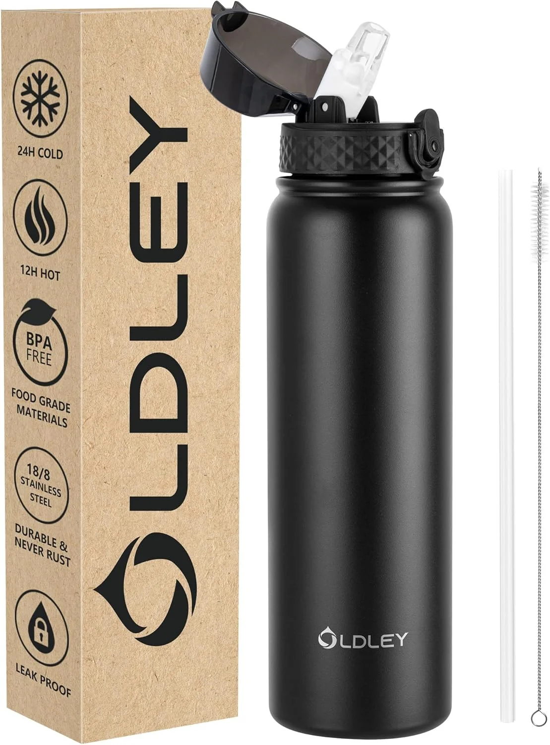 بطری آب استیل ضد زنگ OLDLEY با نی 1 لیتری، فلاسک بزرگ نوشیدنی عایق خلاء، بطری های آب فلزی 1 لیتری ضد نشت، نوشیدنی ها را برای دوچرخه سواری، کمپینگ، ورزش، باشگاه، زنان و مردان گرم و سرد نگه می دارد