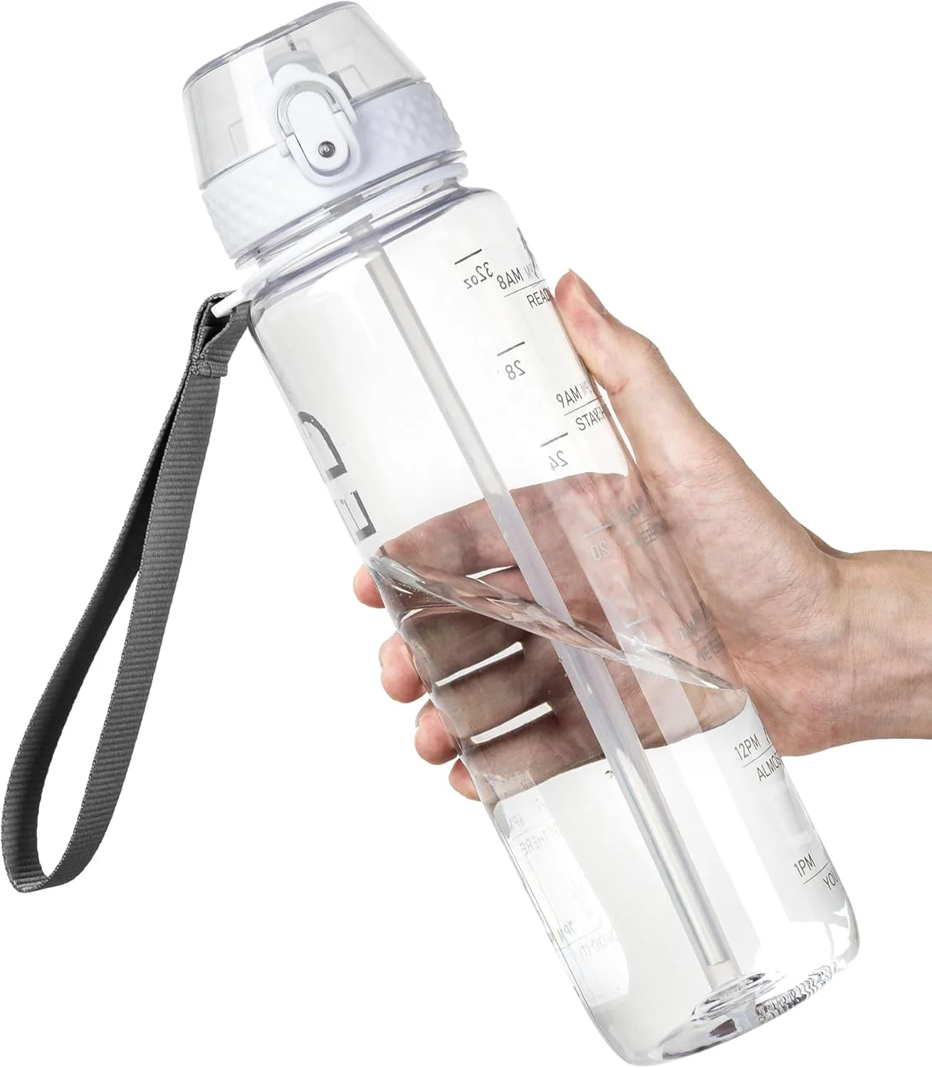 بطری آب ورزشی 1 لیتری OLDLEY با نی، بطری نوشیدنی انگیزشی 1 لیتری Tritan، بطری آب شفاف بدون مواد مضر با نشانگر زمان برای دوچرخه سواری، مدرسه، باشگاه (شفاف)