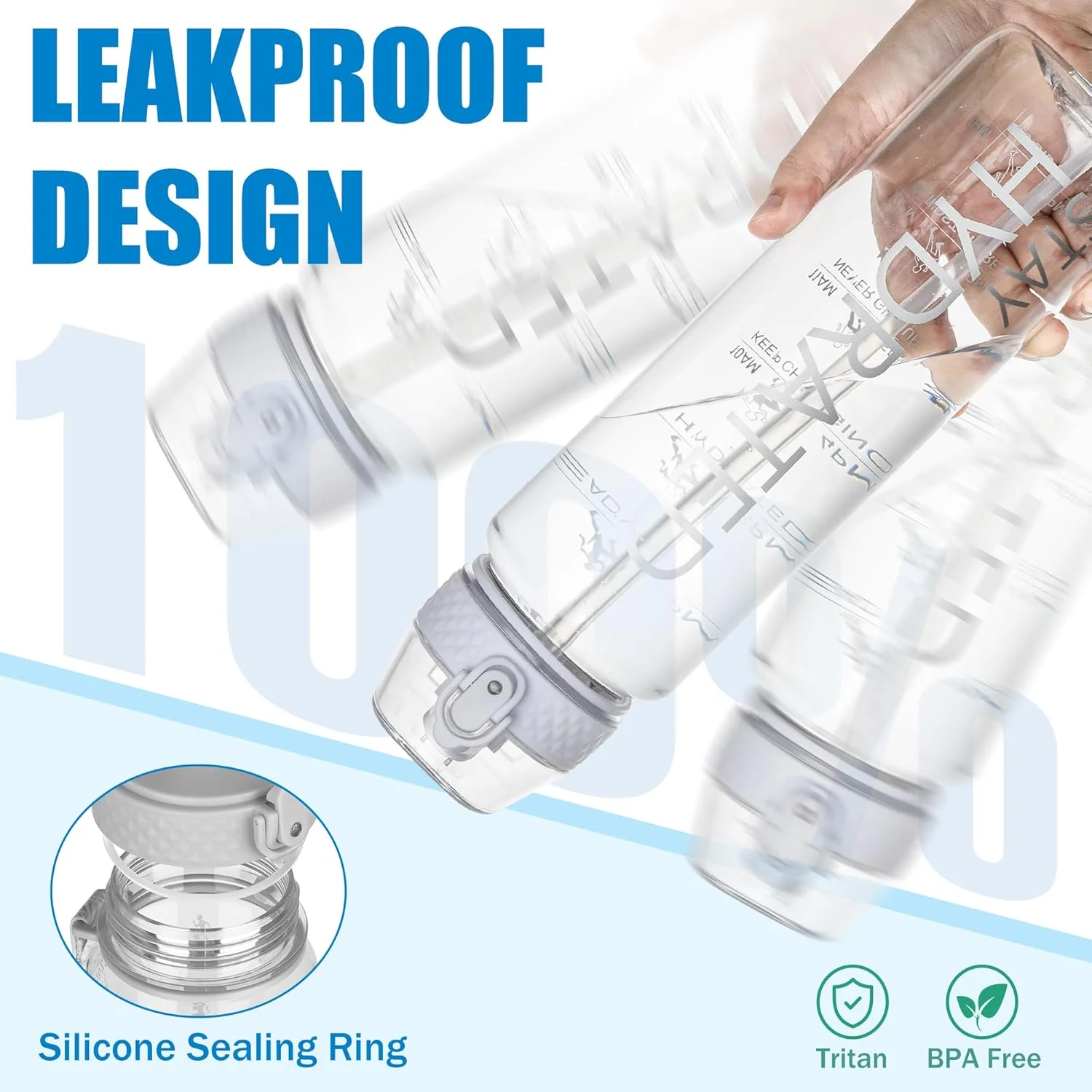 بطری آب ورزشی 1 لیتری OLDLEY با نی، بطری نوشیدنی انگیزشی 1 لیتری Tritan، بطری آب شفاف بدون مواد مضر با نشانگر زمان برای دوچرخه سواری، مدرسه، باشگاه (شفاف)