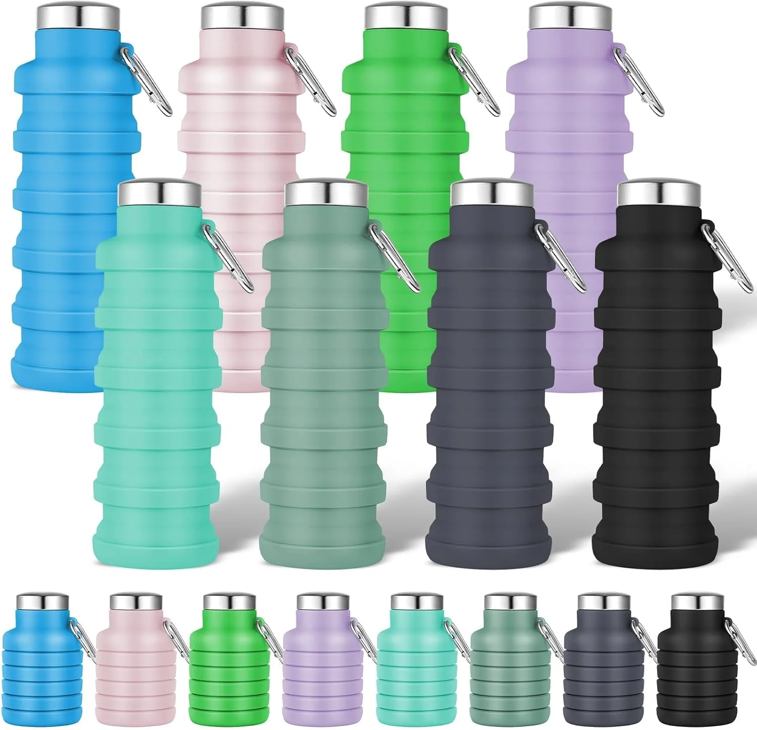 ست ۸ عددی بطری آب تاشو، بطری سیلیکونی تاشو ۵۰۰ میلی لیتری، فاقد BPA، لیوان مسافرتی قابل حمل برای باشگاه، کمپینگ، پیاده روی، ورزش، دوچرخه سواری