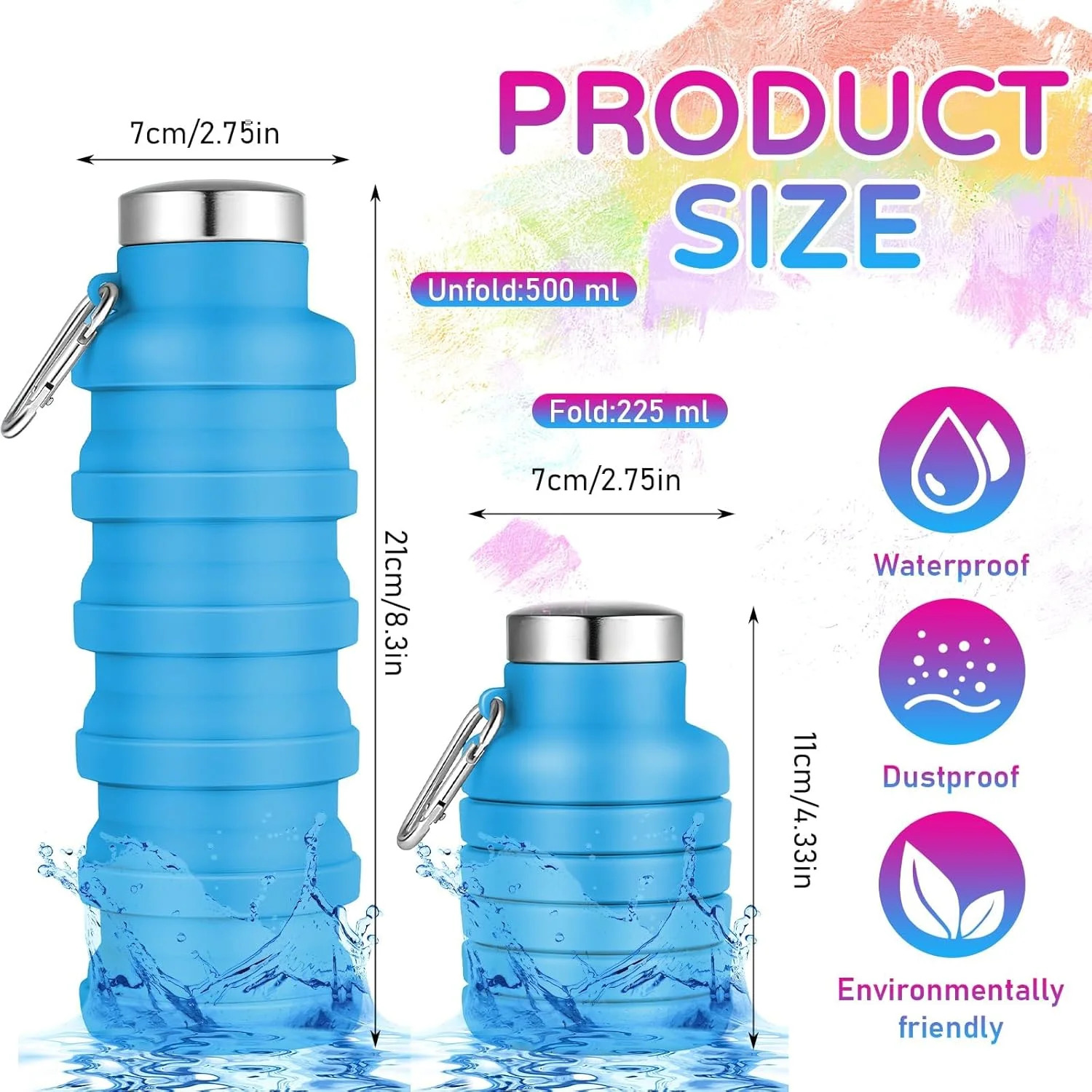 ست ۸ عددی بطری آب تاشو، بطری سیلیکونی تاشو ۵۰۰ میلی لیتری، فاقد BPA، لیوان مسافرتی قابل حمل برای باشگاه، کمپینگ، پیاده روی، ورزش، دوچرخه سواری