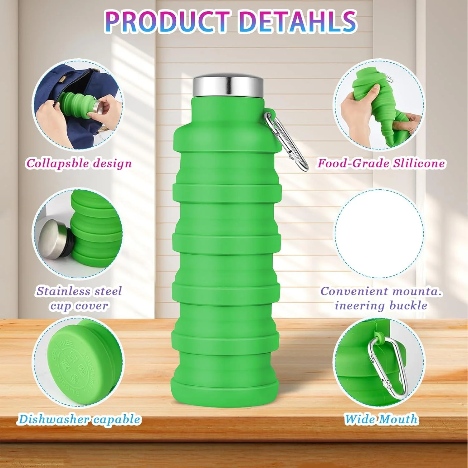 ست ۸ عددی بطری آب تاشو، بطری سیلیکونی تاشو ۵۰۰ میلی لیتری، فاقد BPA، لیوان مسافرتی قابل حمل برای باشگاه، کمپینگ، پیاده روی، ورزش، دوچرخه سواری