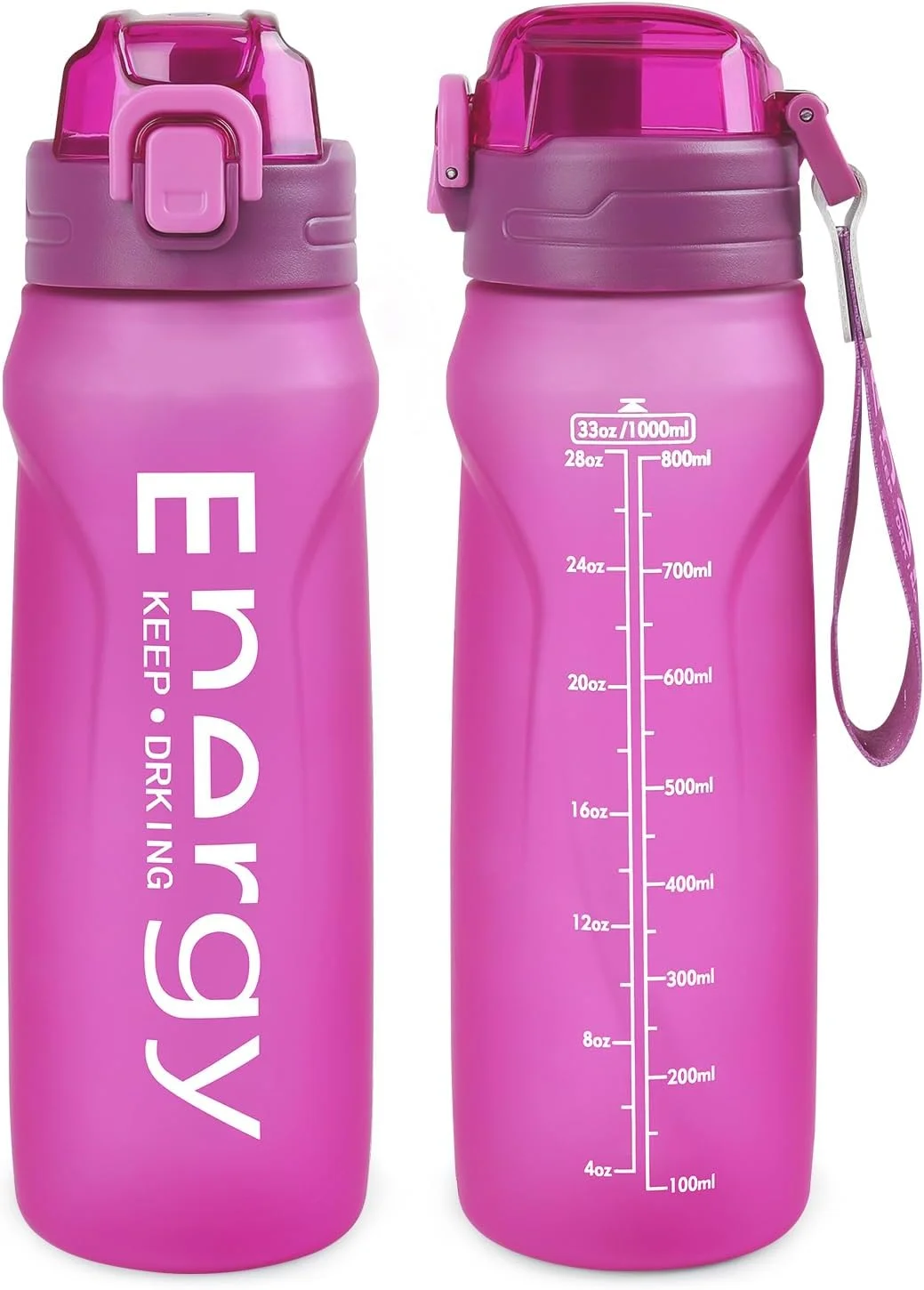بطری آب ورزشی 1000 میلی لیتری با نی جداشدنی (جرعه و جرعه)، بطری آب انگیزشی با نشانگر ظرفیت، بطری آب نوشیدنی ضد نشت با بند برای مسافرت، تناسب اندام، باشگاه، فضای باز (صورتی)