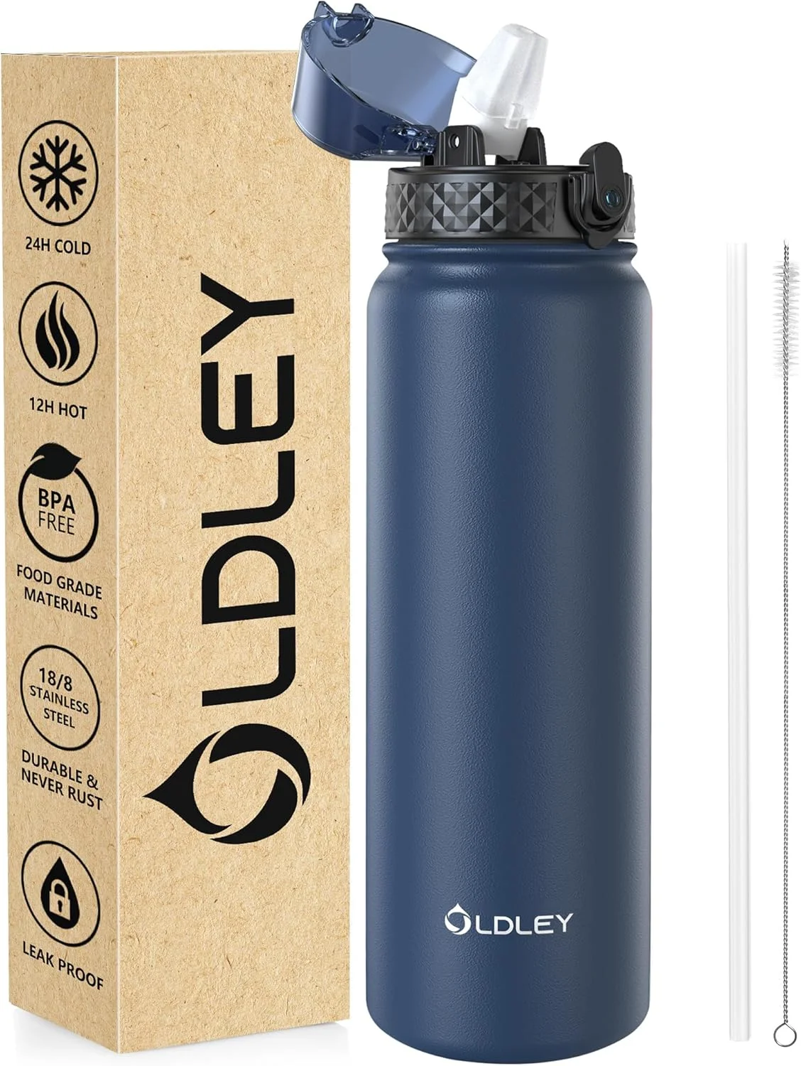 بطری آب استیل ضد زنگ OLDLEY با نی 1 لیتری، فلاسک عایق خلاء بزرگ، بطری های آب فلزی 1 لیتری ضد نشت، نوشیدنی ها را برای دوچرخه سواری، کمپینگ، ورزش، باشگاه، زنان و مردان گرم و سرد نگه می دارد