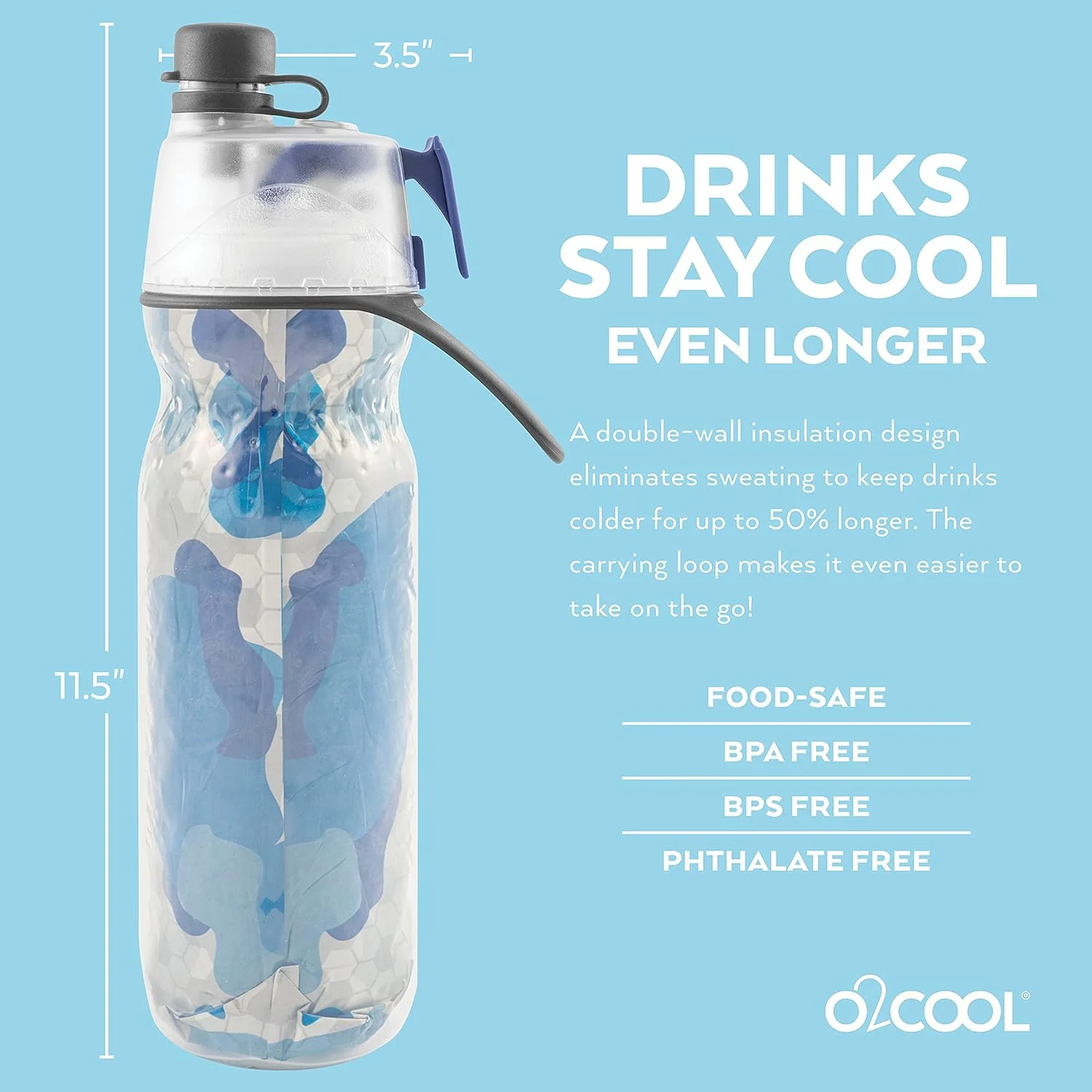 بطری آب پاششی O2COOL مدل Mist 'N Sip، بطری ورزشی چندبار مصرف با قابلیت دوگانه آب پاشی و نوشیدن، دارای دهانه بدون نشتی - 600 میلی لیتر (طرح استتار آبی) بطری آب پاششی O2COOL مدل Mist 'N Sip، بطری ورزشی چندبار مصرف با قابلیت دوگانه آب پاشی و نوشیدن، دارای دهانه بدون نشتی - 600 میلی لیتر (طرح استتار آبی)