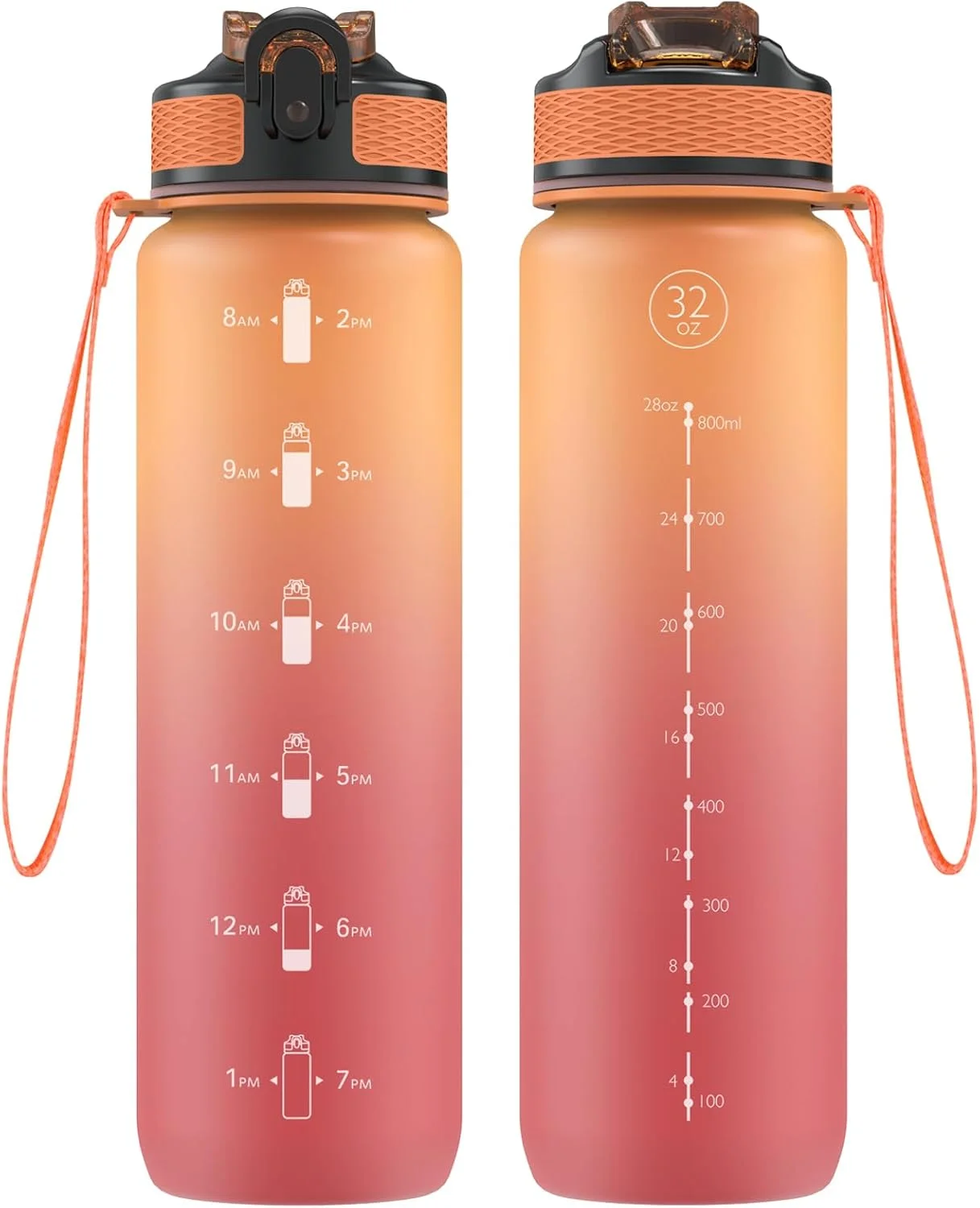 بطری آب ورزشی 1 لیتری با نی، دارای نشانگر زمان، ضد نشت، بدون BPA، مناسب برای مدرسه/دوچرخه سواری/دویدن (نارنجی-قرمز)