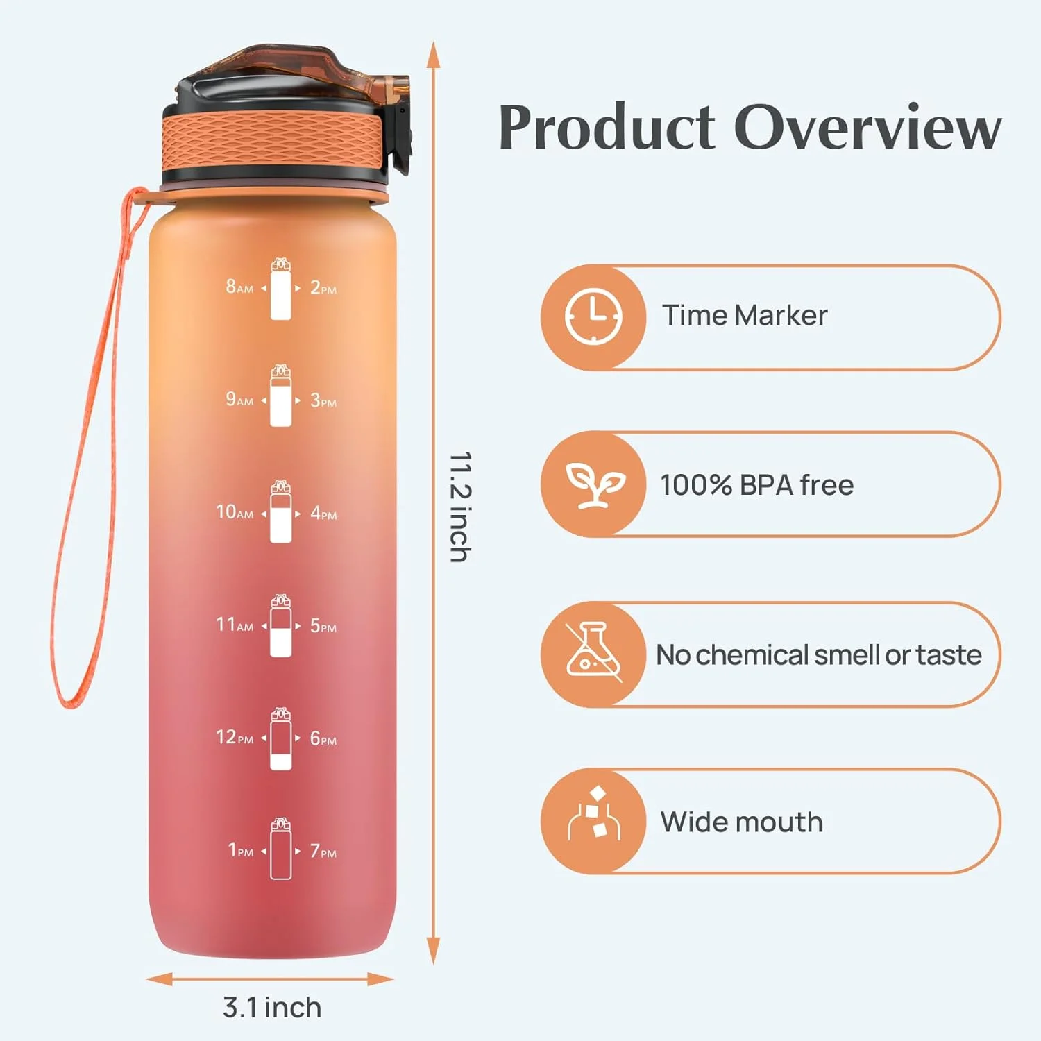 بطری آب ورزشی 1 لیتری با نی، دارای نشانگر زمان، ضد نشت، بدون BPA، مناسب برای مدرسه/دوچرخه سواری/دویدن (نارنجی-قرمز) بطری آب ورزشی 1 لیتری با نی، دارای نشانگر زمان، ضد نشت، بدون BPA، مناسب برای مدرسه/دوچرخه سواری/دویدن (نارنجی-قرمز)